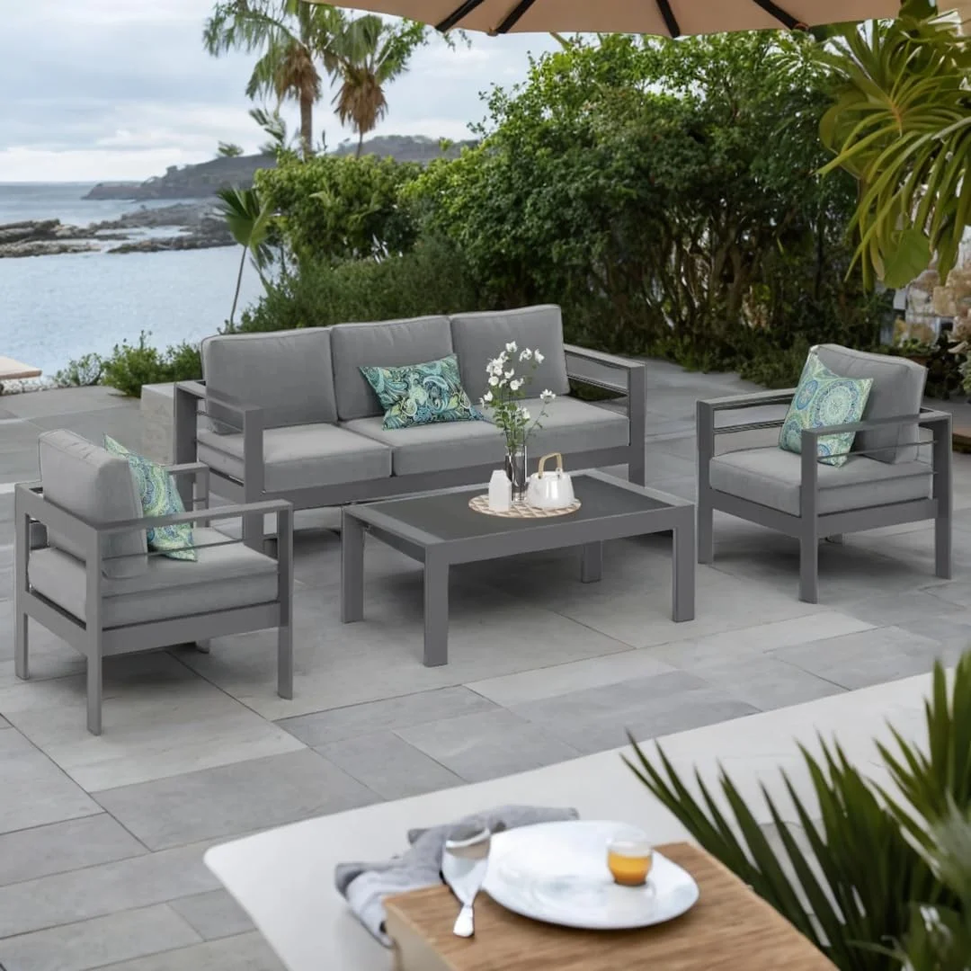CozyHom 5 Pcs Outdoor Patio Aluminum Furniture Sofa Sets, Outside Patio Conversation Couch Sets With Table&Cushions for Garden Porch, Gray - Image 45