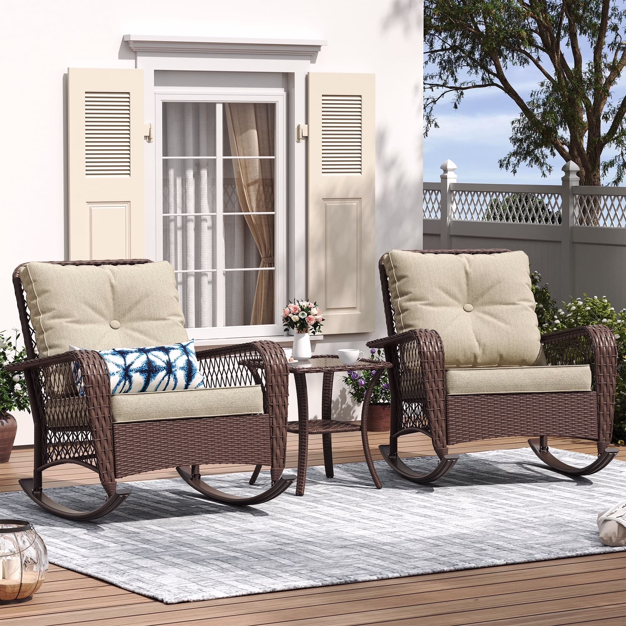 ELPOSUN 3-Piece Outdoor Rocking Chairs, Wicker Patio Furniture with Thickened Cushions and Table for Porch - Image 9