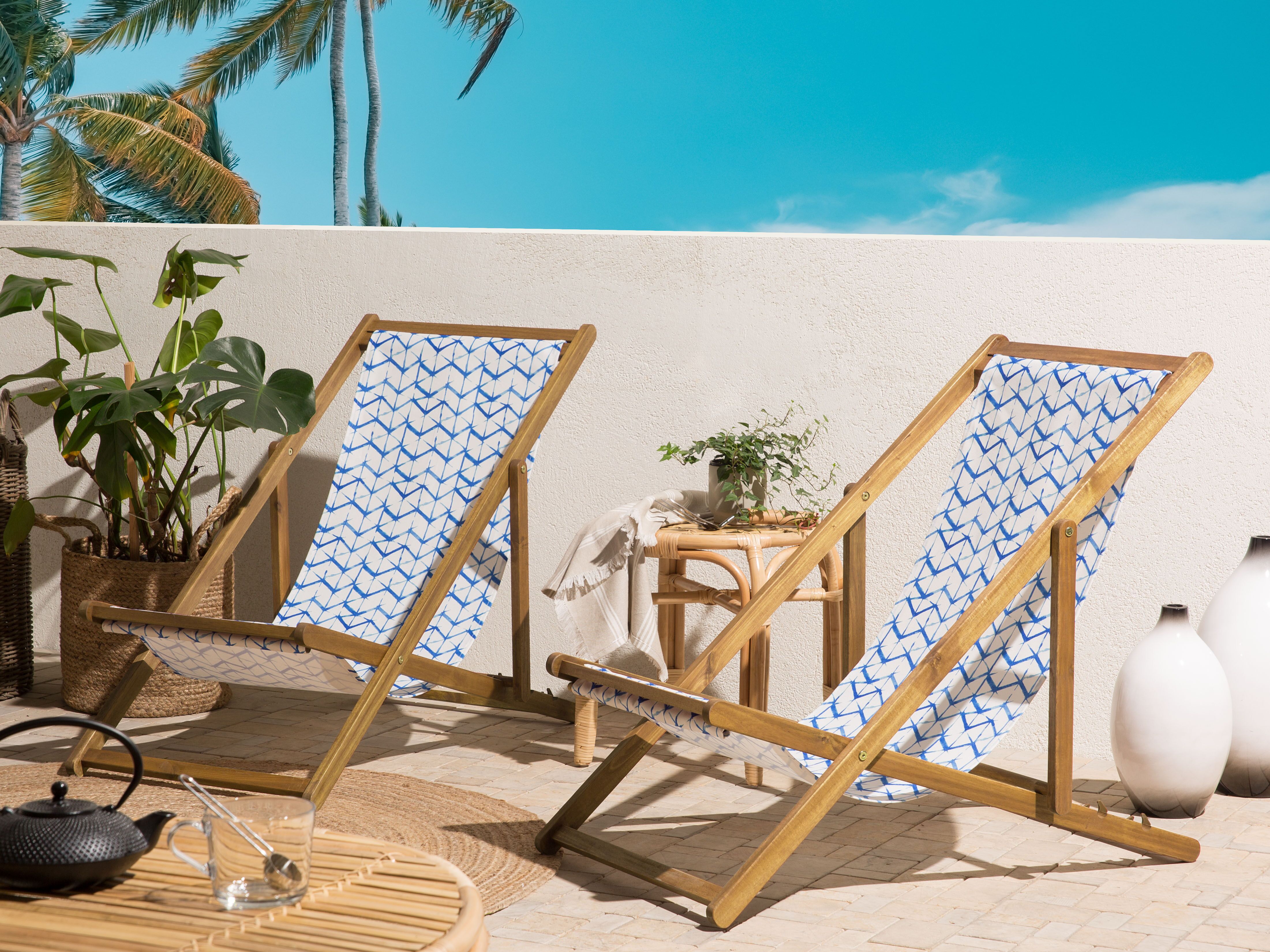 Set of 2 Folding Deck Chairs ANZIO with Replacement Fabrics Abstract Motif Acacia Wood Light Brown
