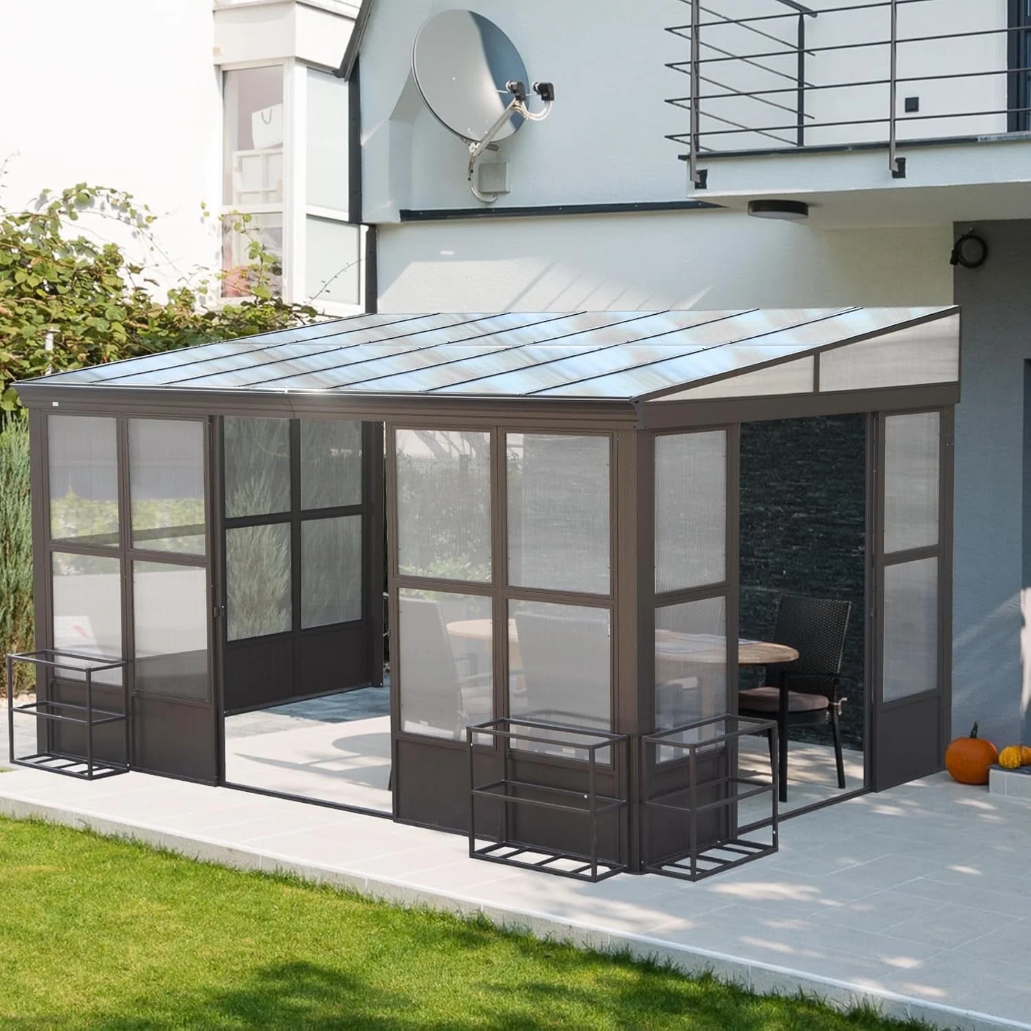 TOTAL Outdoor 10'x12' All-Season Sunroom Gazebo with Steel Roof, PVC Screen, Front & Side Door, Brown - Image 79