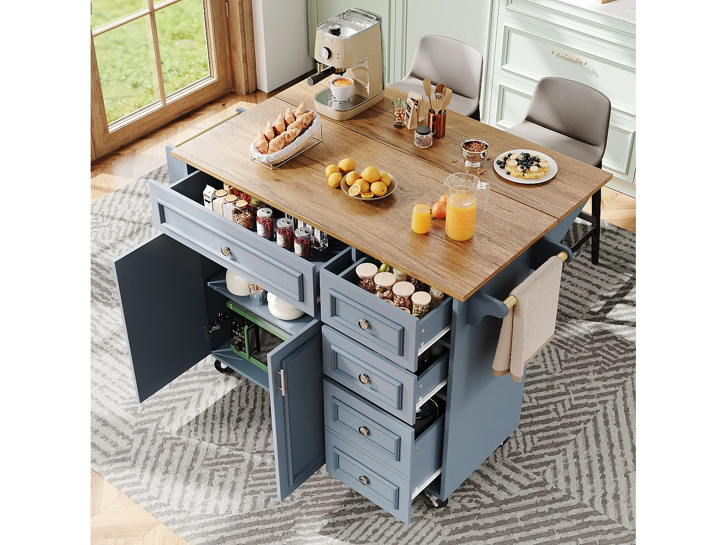 Îlot central bleu avec roulettes et 4 tiroirs de rangement, plateau en bois MDF