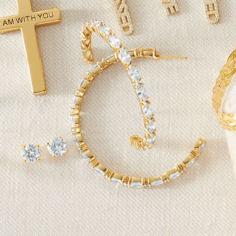 Cubic Zirconia Navette Hoops & Round Post 2-Pair Earring Set - MIDNIGHT VELVET CATALOG