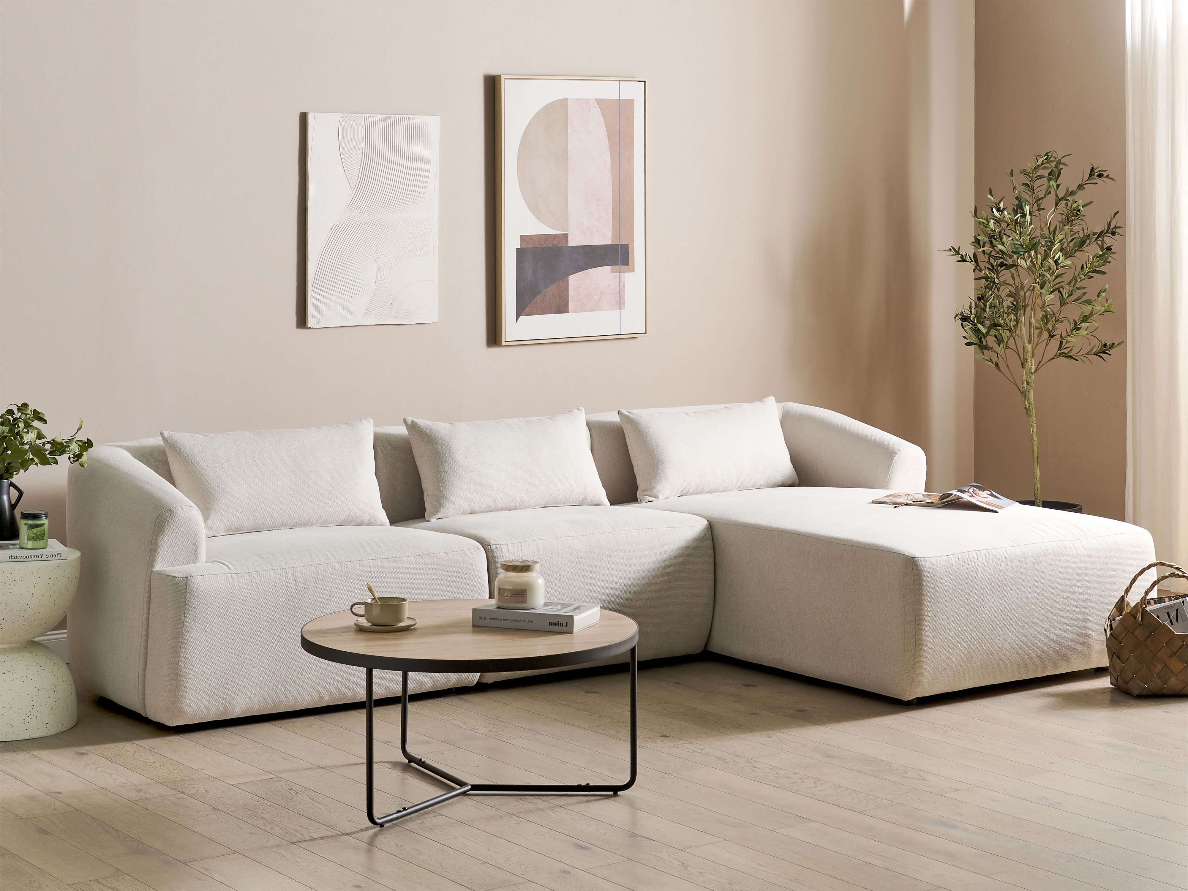 Corner Sofa 3 Seater SVANSELE Fabric Light Beige Left Hand