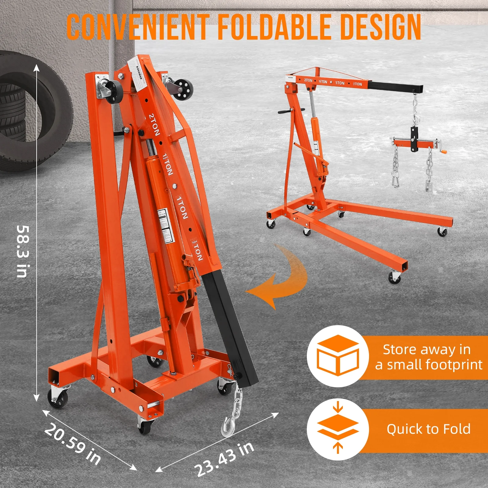JoanKaren Hydraulic Engine Hoist,4400lbs Max Weight,Folding Engine Lift Shop Crane with Lever and 6 Steel Caster Wheels,Yellow - Image 14