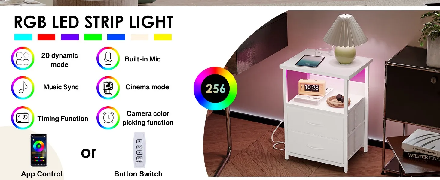 White LED Nightstand RGB Light Modes and App Control