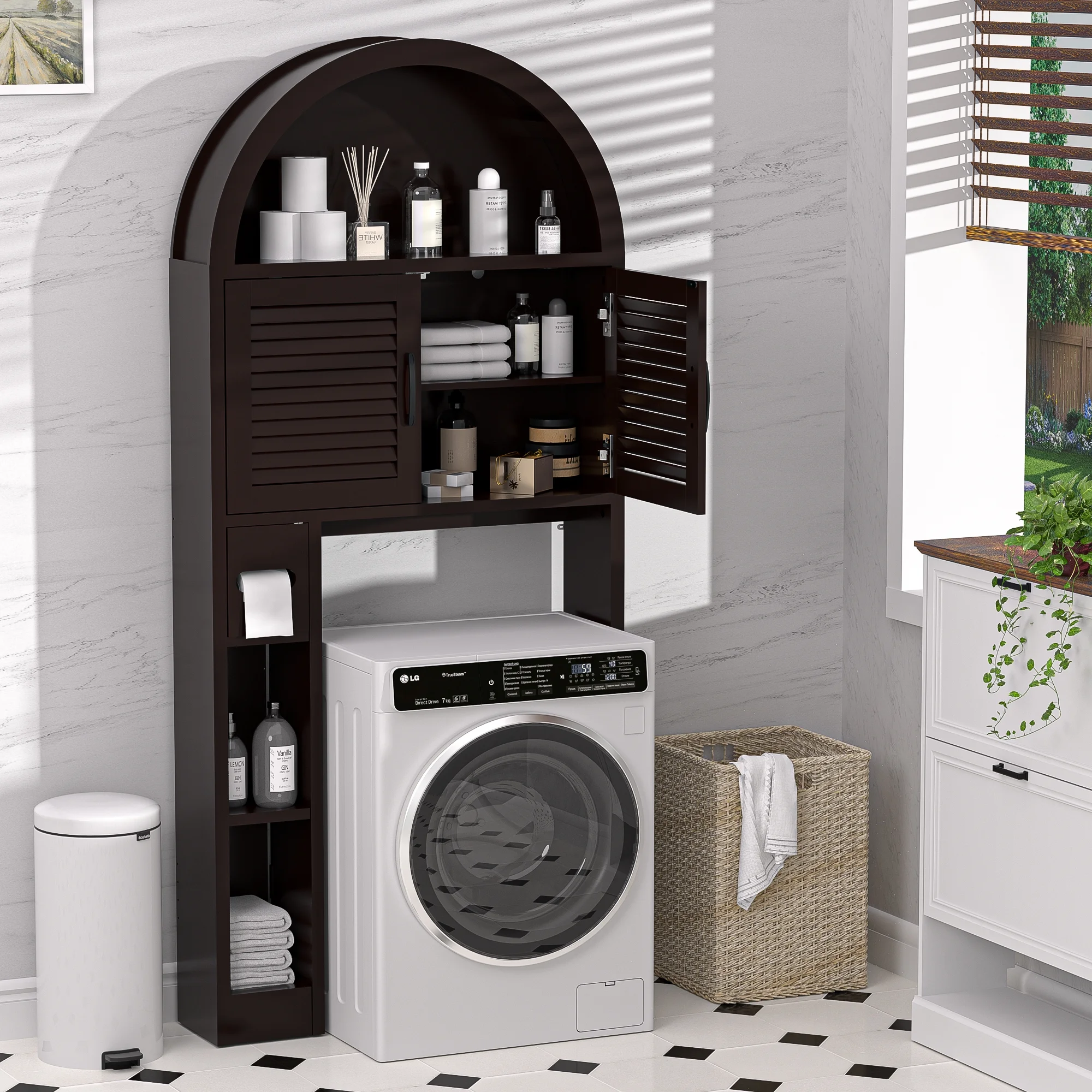 HARIPUL Over The Toilet Storage Cabinet w/ Unique Wood Grain & Arc Design, Freestanding Bathroom Shelf Organizer Space Saver w/ Doors & Anti-Tip Device, Wood Color - Image 44