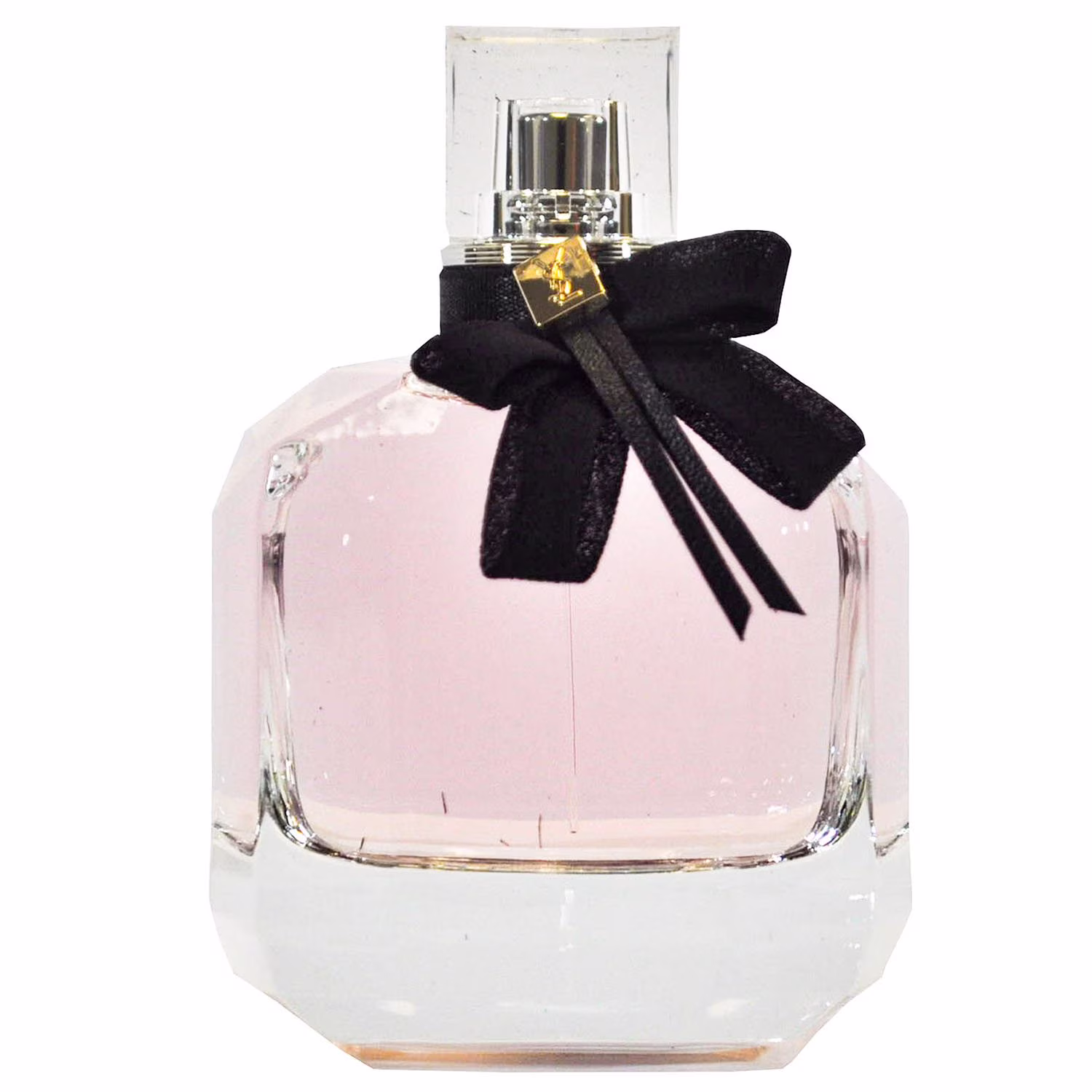 YSL Mon Paris Eau de Parfum clear faceted glass bottle featuring a black velvet lavallière bow with a gold YSL logo charm.