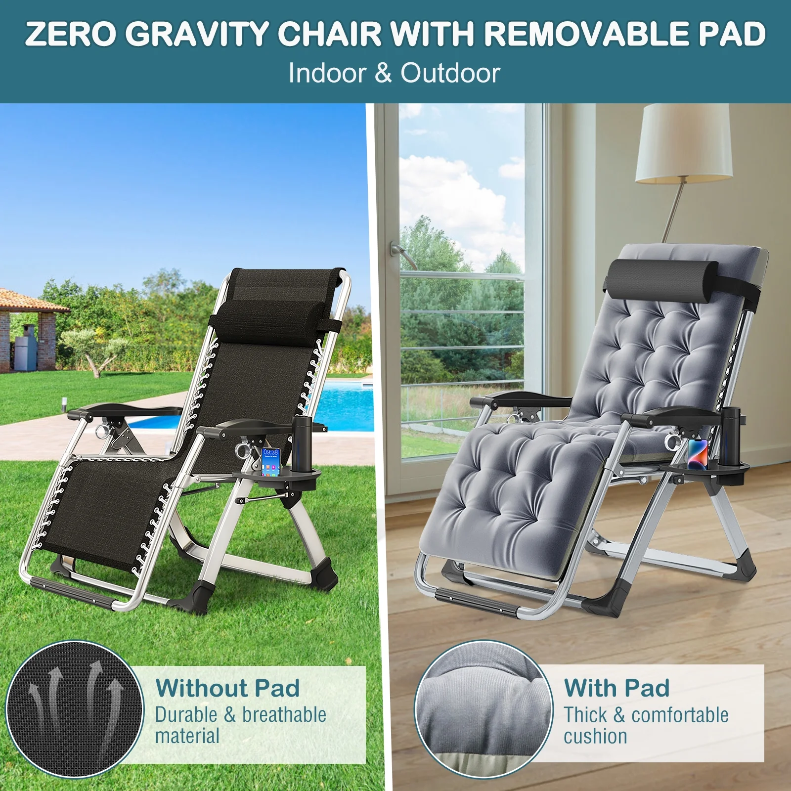 NAIZEA 2 Pack Zero Gravity Chair, Foldable Portable Lawn Recliner with Cushion, Headrest, Cup Holder, Black - Image 62