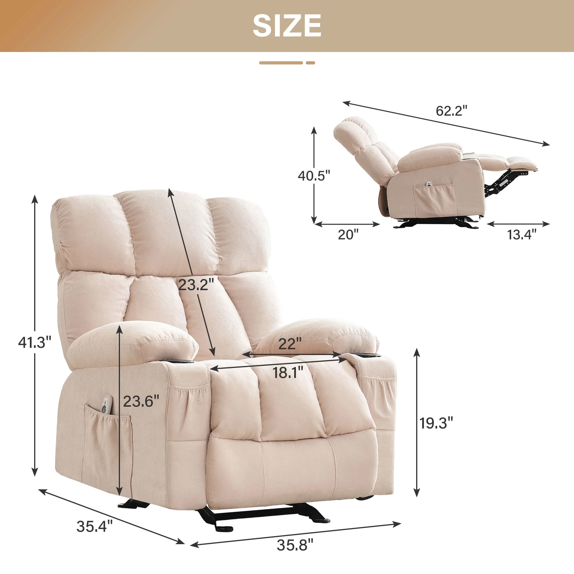 JONPONY Manual Recliner Chair with Heat Therapy and Massage Function, Heavy Duty Reclining Mechanism Massage Chair, Elderly Single Rocker Sofa with Cup Holders for Bedroom Home Theater,Grey - Image 112