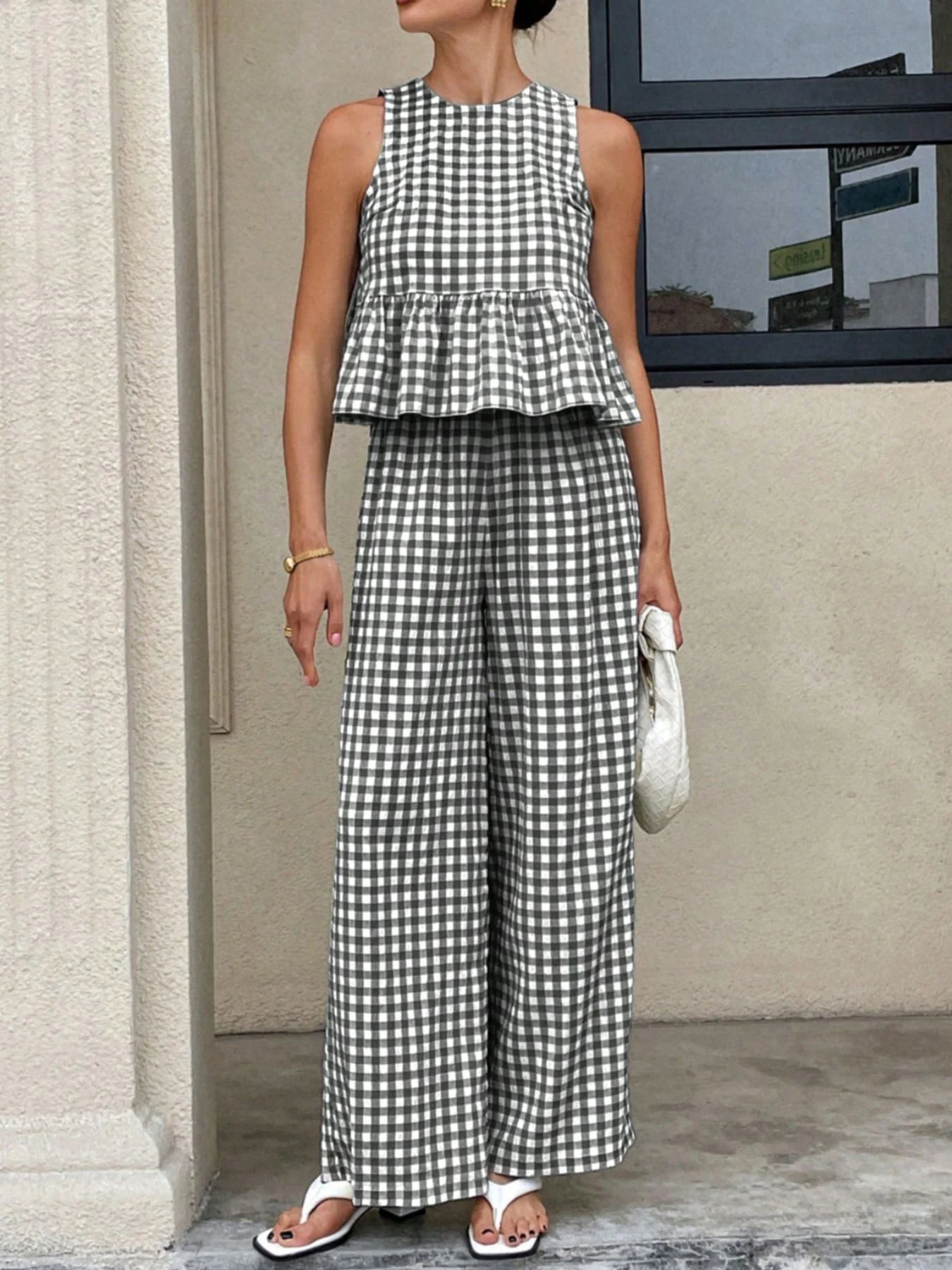 Gingham Sleeveless Top and Wide-Leg Pants Set - ZKZOOK