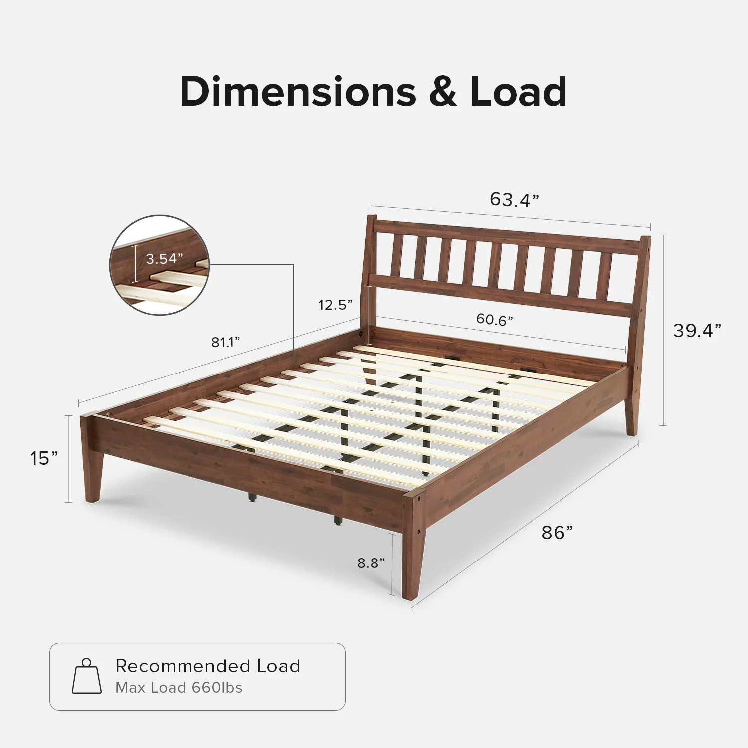 Mopio Ted Queen Bed Frame with Headboard, Full Size Bed Frame, Mid Century Modern Acacia Solid Wood Platform Bed Frame, Wooden Bed Slats, No Box Spring Needed, Double Metal Bar Support, Walnut - Image 9