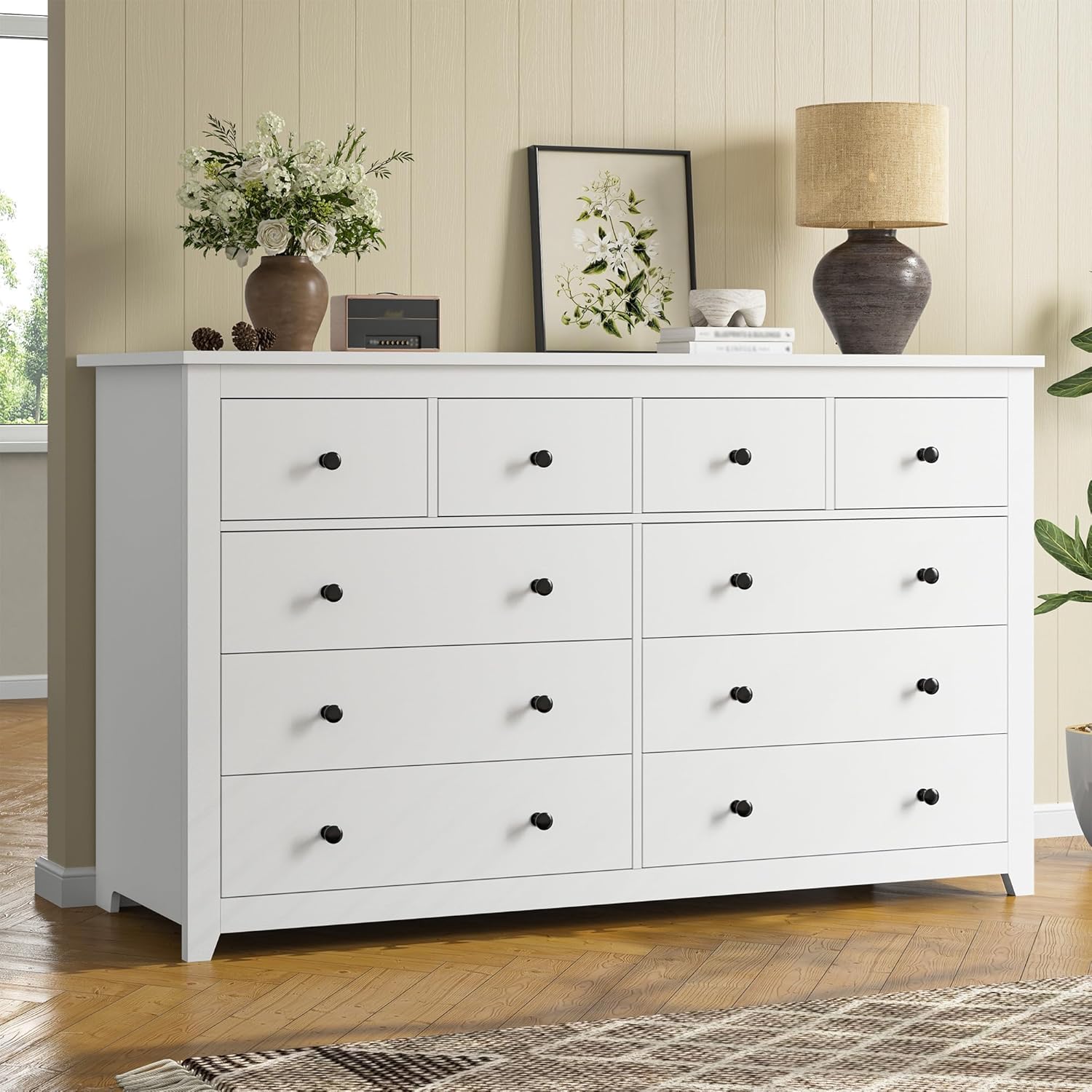 White Dresser for Bedroom with 10 Spacious Drawers Large Wood Dresser TV Stand for Bedroom Modern Chest of Drawers for Living Room Hallway Entryway, Smooth Slide, 15.7