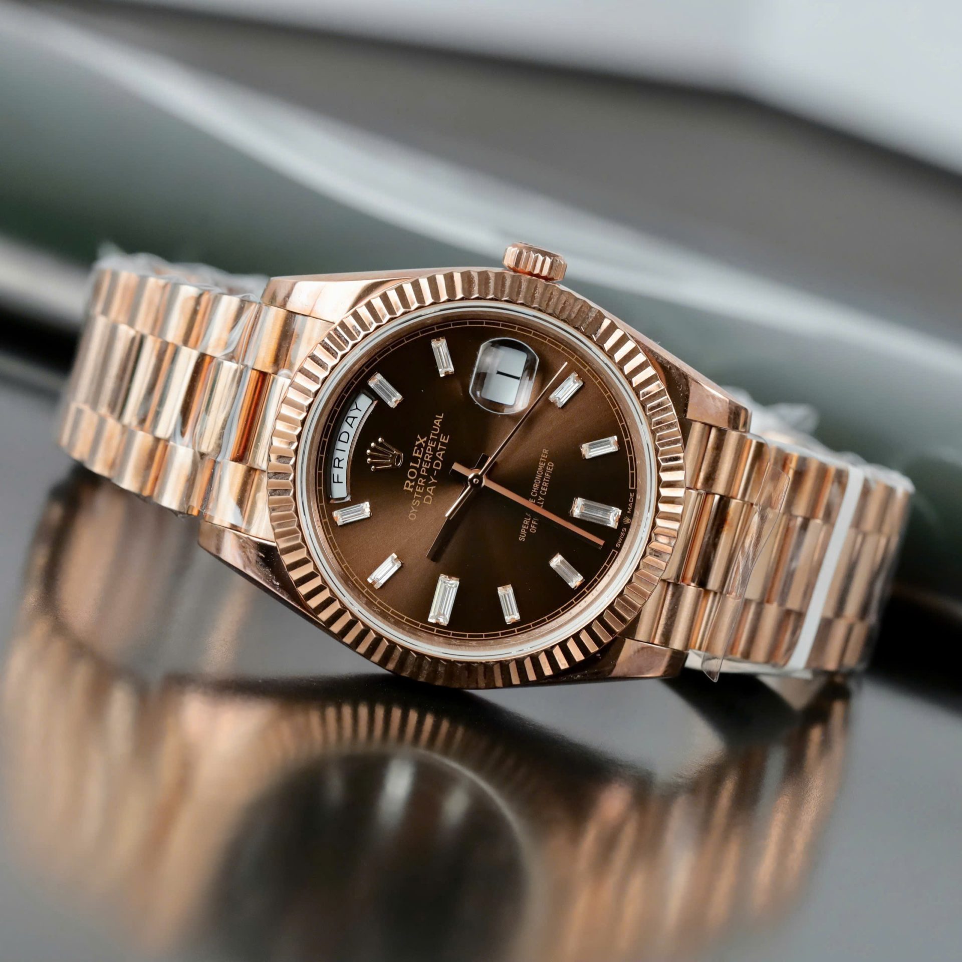 Rolex Day-Date Chocolate Dial Copies Watches Gold Wrapped + Moissanite Dial Markers Custom 40mm - Elite Watch Atelier