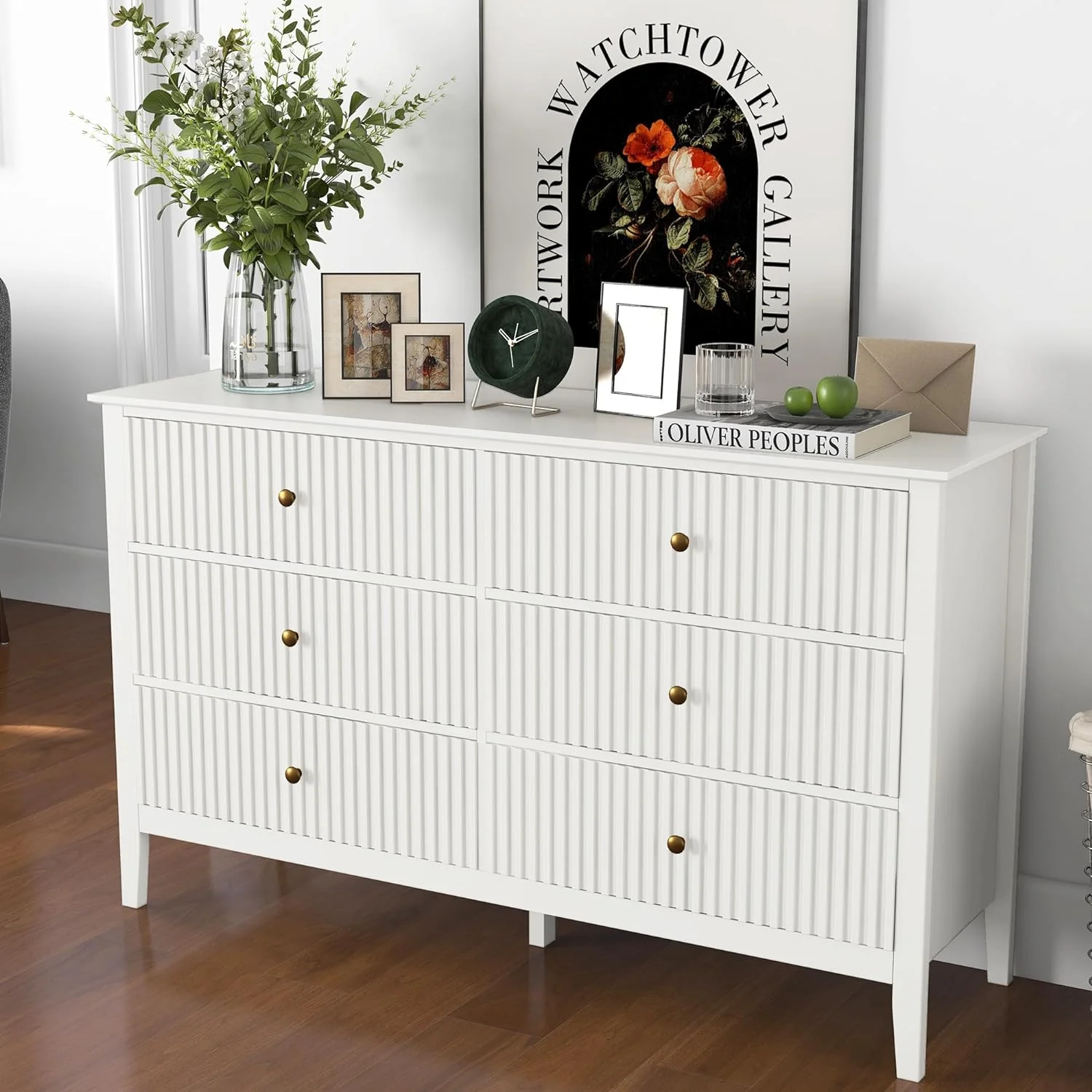 Heynemo Beige 6 Drawer Dresser, Fluted Modern Wood Chest - Image 102