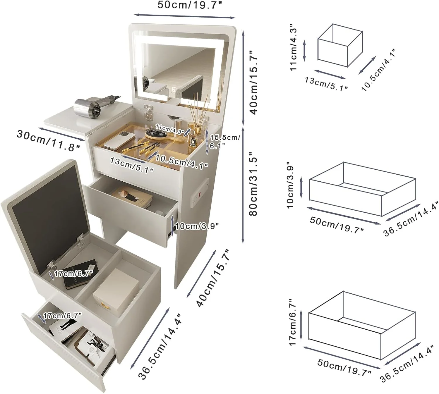 Vanity Desk with Flip Top Lighted Mirror, Compact Makeup Table with Storage Stool, Integrated Vanity with Drawers, 3-in-1 Vanity Set, Small Dressing Desk for Bedroom - Image 7