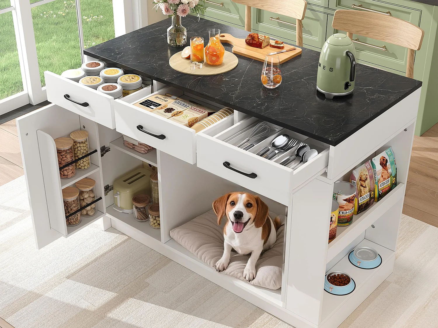 îlot central de cuisine 120x60x90 cm - avec 3 tiroirs et 1 porte - étagères ouvertes - espace de repos pour animaux - blanc+noir