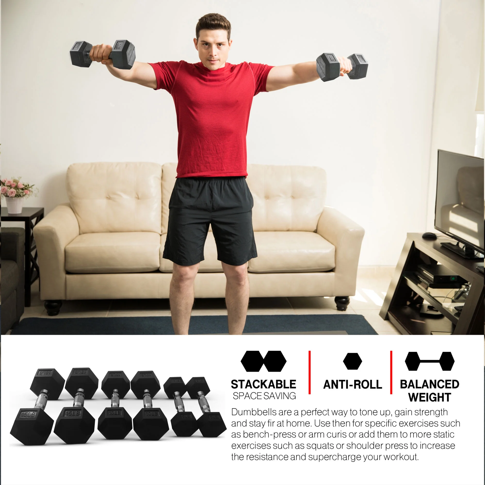 HolaHatha Hex Dumbbell with Rack, 5/10/15/20/25 lb (Black) - Image 6