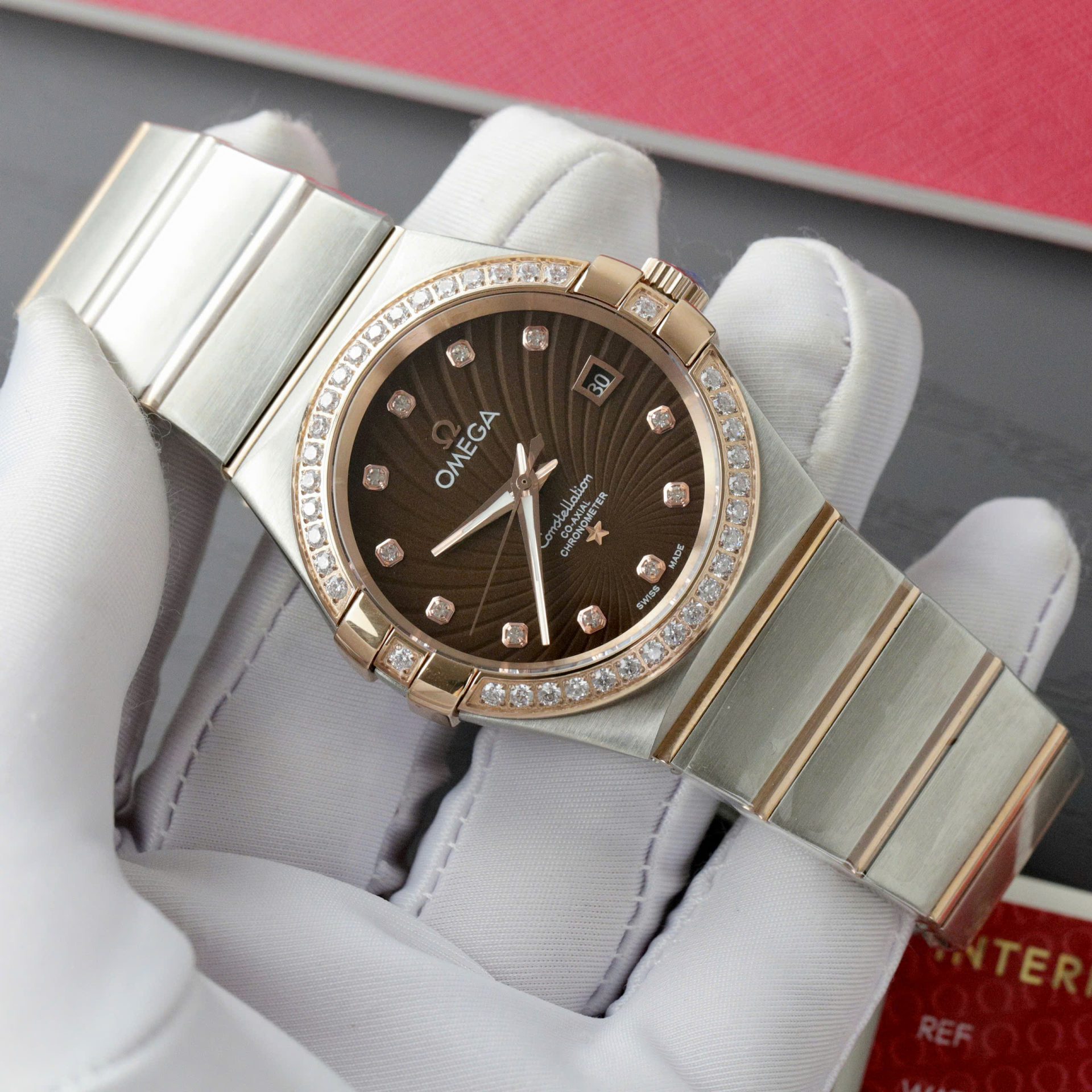 Omega Constellation Co-Axial Fake Watch Brown Dial Metal Strap 38mm - Elite Watch Atelier