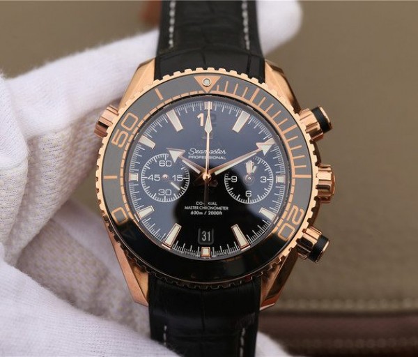 Replica Omega OMF Planet Ocean Master Chronometer RG Black Polished Bezel Black Dial Leather A9901 - Top club