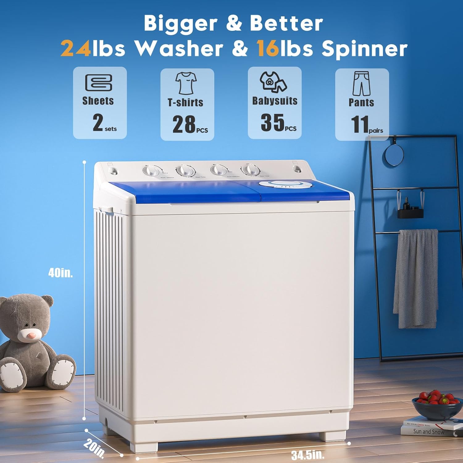 Auertech Portable Washing Machine, 40lbs Twin Tub Washer Large Laundry Machine with Drain Pump, Semi-automatic 24lbs Washer 16lbs Spinner Combo for Dorms, Apartments, RVs