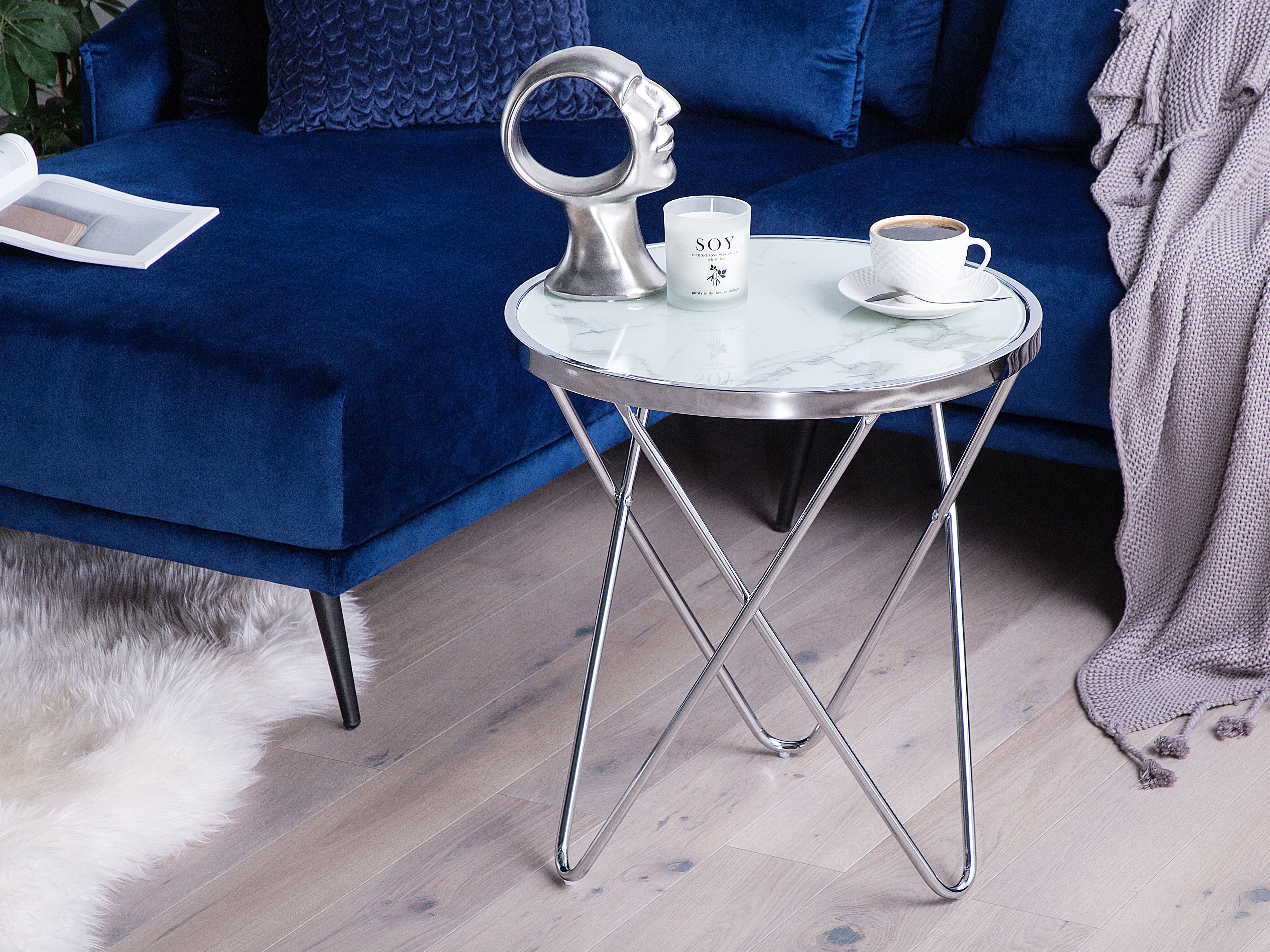 Side Table MERIDIAN Tempered Glass Marble/ Silver