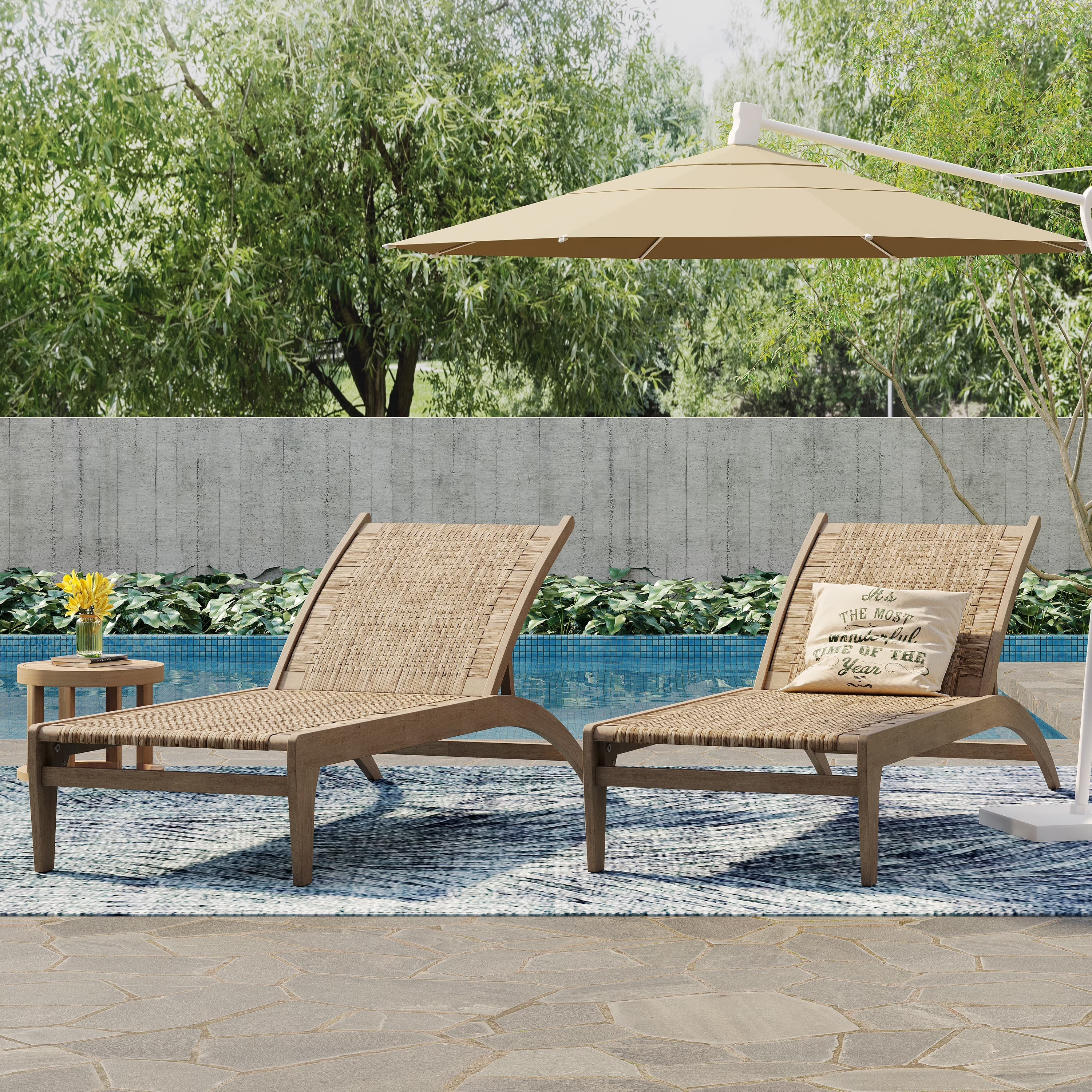 Outdoor Chaise Lounge, Single, Acacia Wood and Faux Rattan, Light Brown and Light Multibrown, 77.00 x 25.50 x 33.00 Inches - Shane - Image 2 Outdoor Chaise Lounge, Single, Acacia Wood and Faux Rattan, Light Brown and Light Multibrown, 77.00 x 25.50 x 33.00 Inches - Shane - Image 2