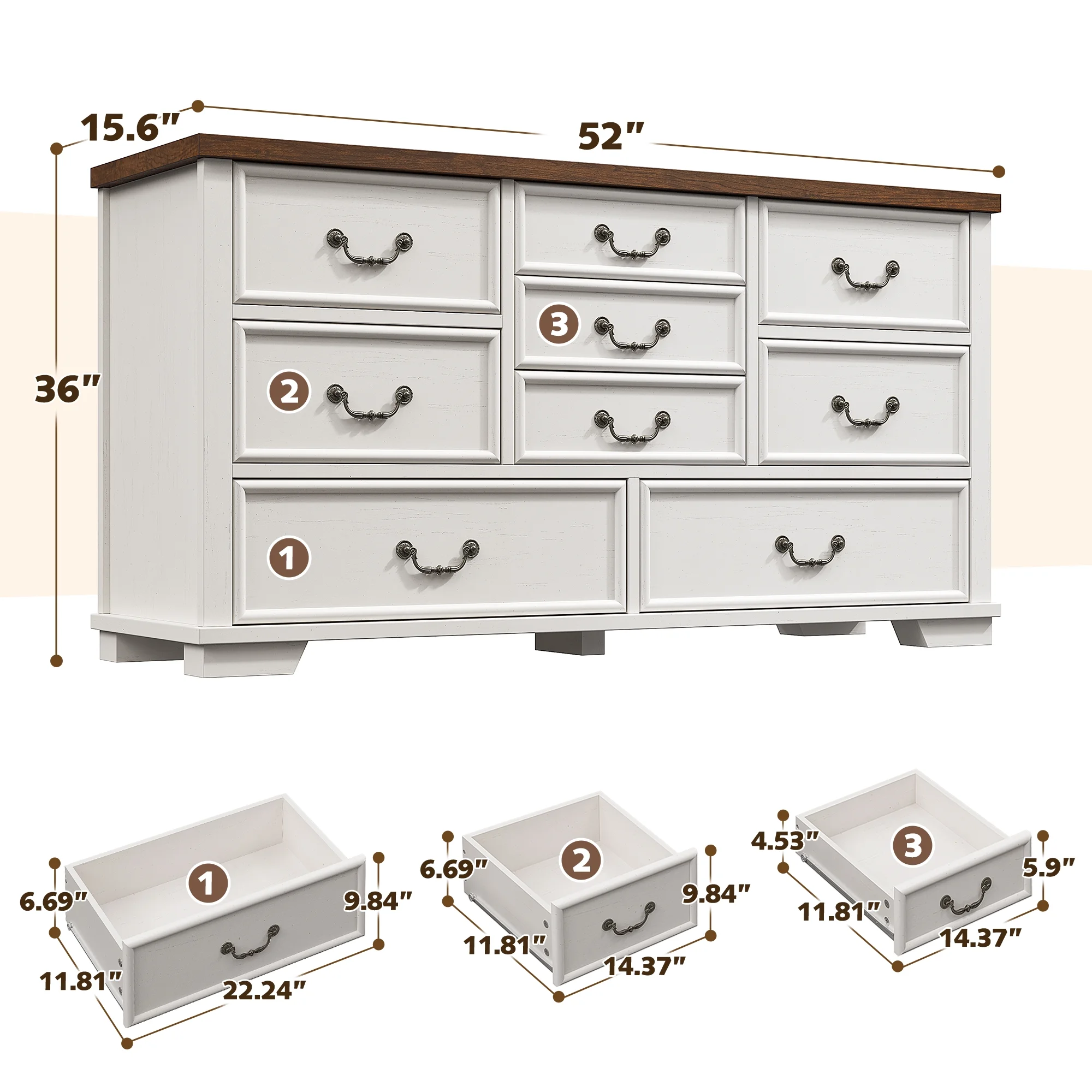 EnHomee Wood Dressers for Bedroom with 9 Drawers White Dresser Chest of Drawers for Living Room - Image 2