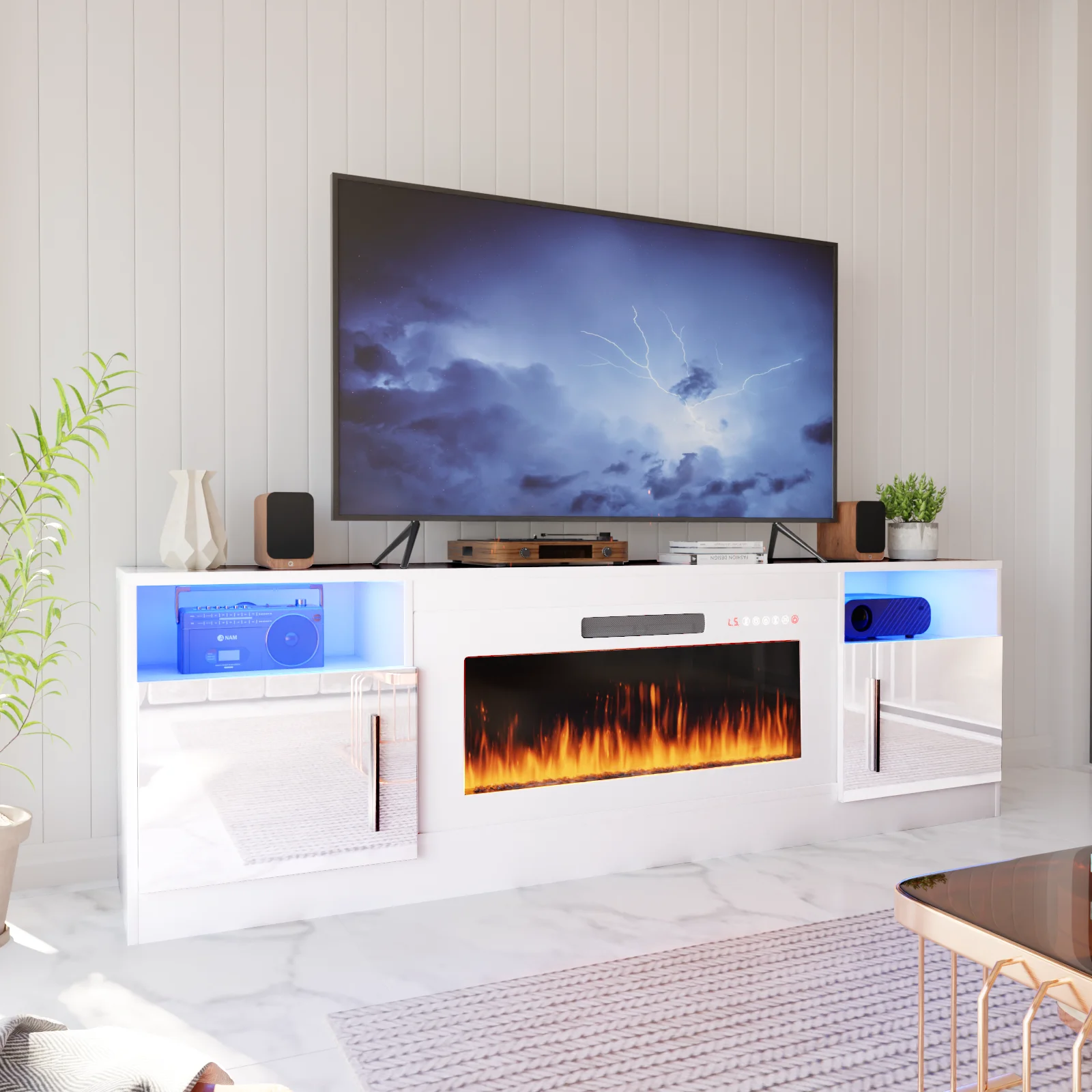 Waleaf Fireplace TV Stand with 36" Electric Fireplace Up to 80" TVs, Modern Wood Media TV Console with Highlight Cabinet, White - Image 34