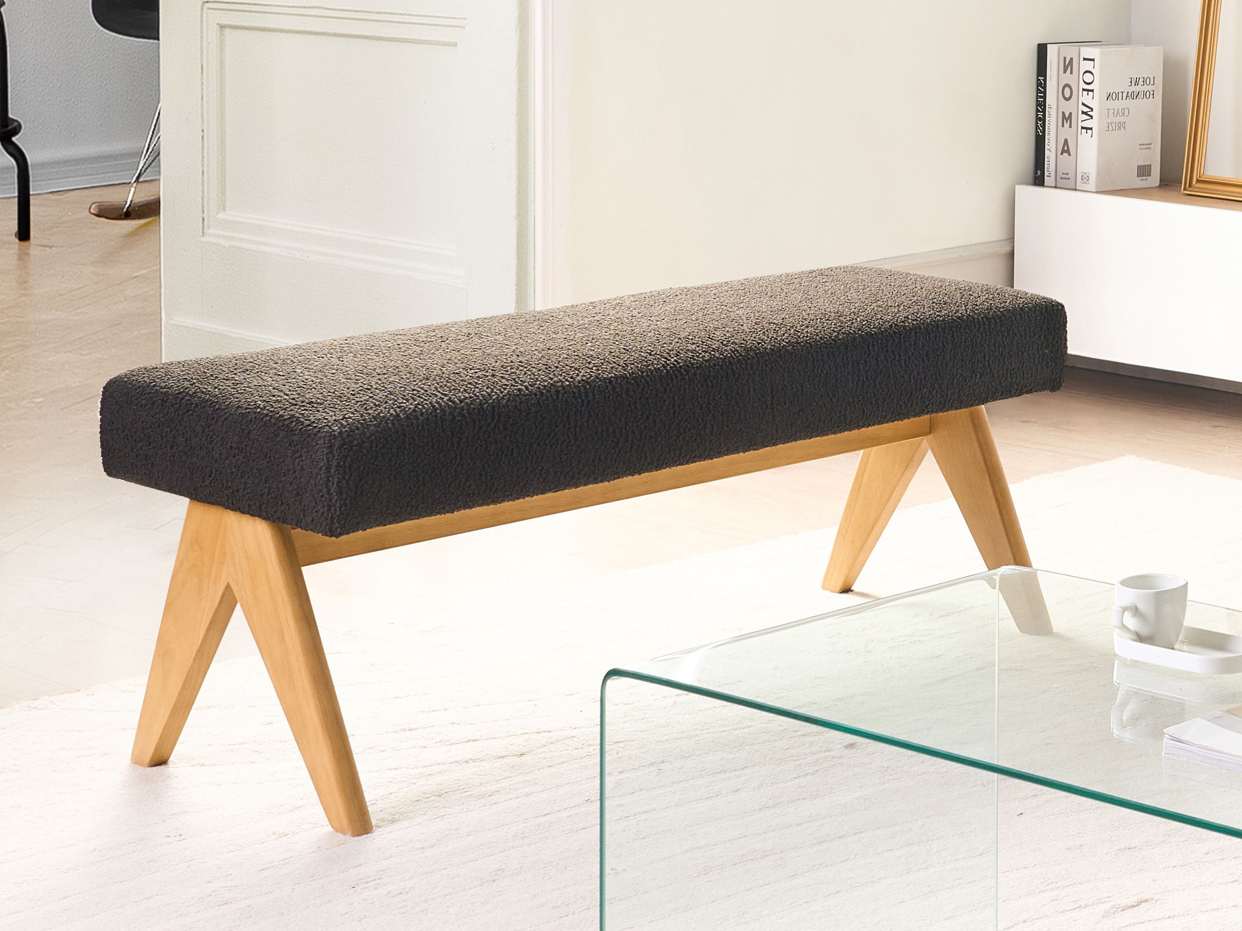 Upholstered Bench TAMRE Boucle Black/ Light Brown