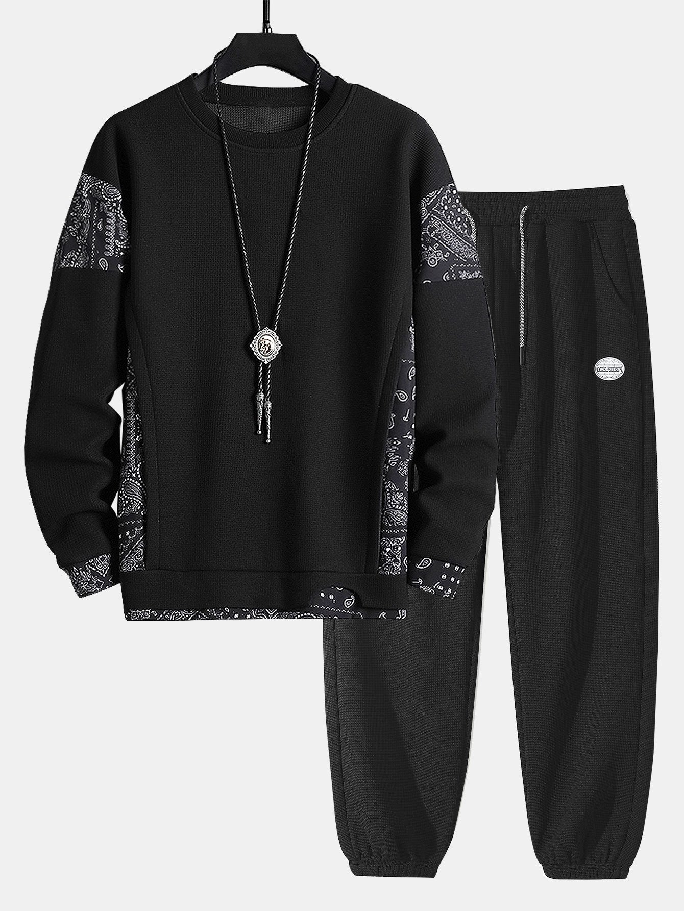 Paisley Print Panel Waffle Sweatshirt & Waffle Jogger Pants