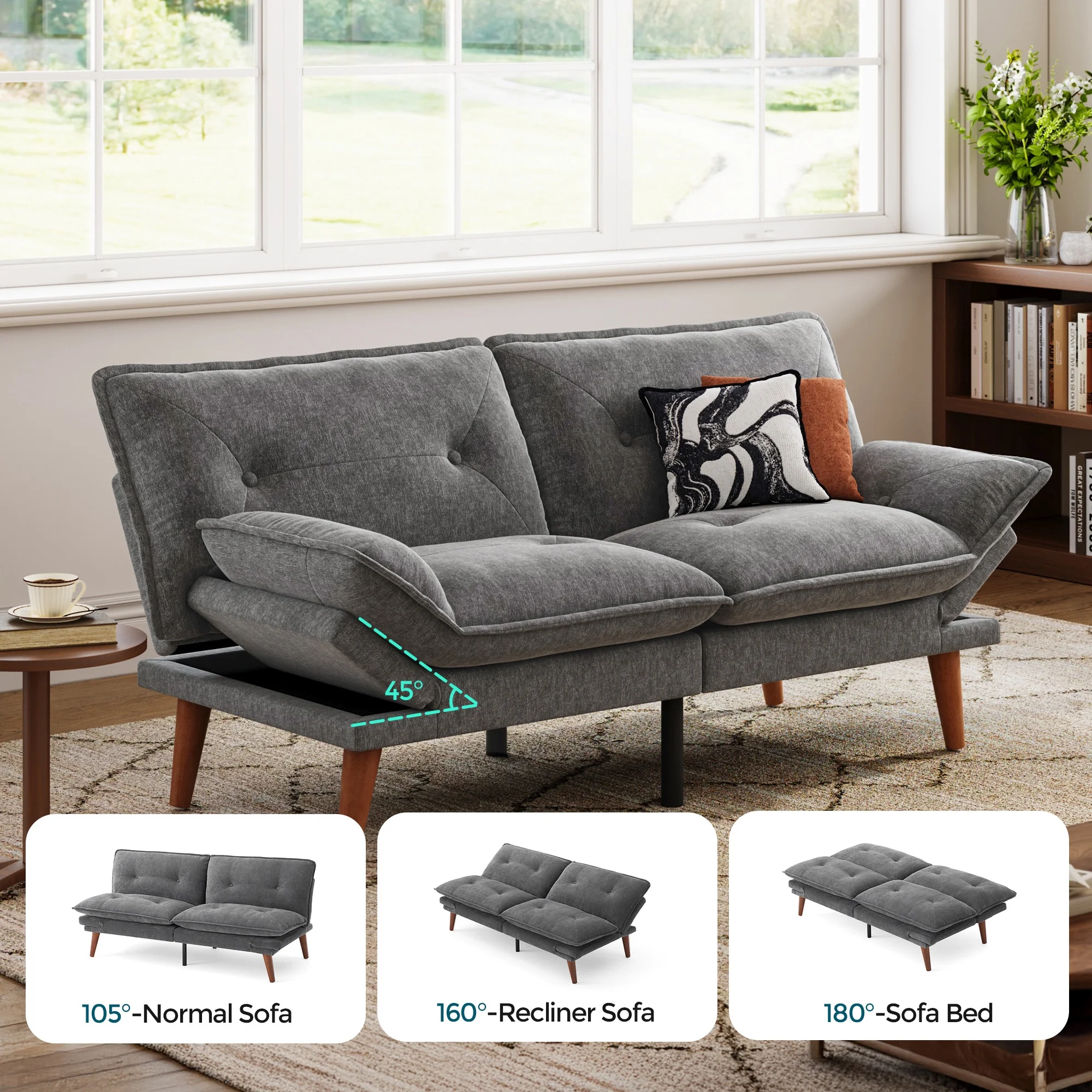 Linsy Home 70" W Chenille Convertible Futon Sofa Bed with Adjustable Armrests, Green - Image 39