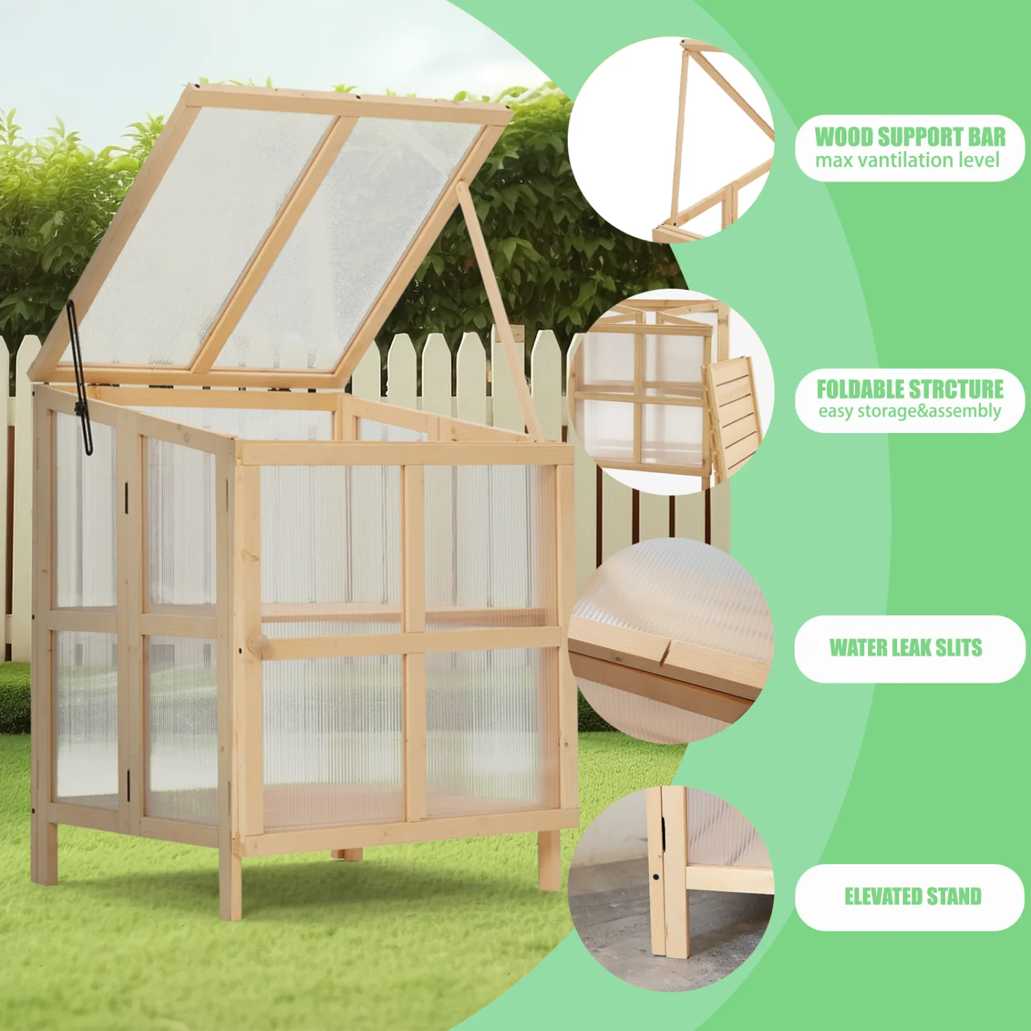 Youmumeub Wooden Cold Frame Greenhouse, 2-Tier Raised Garden Planter with Polycarbonate Panels for Season Extension, Foldable, Natural Wood - Image 4