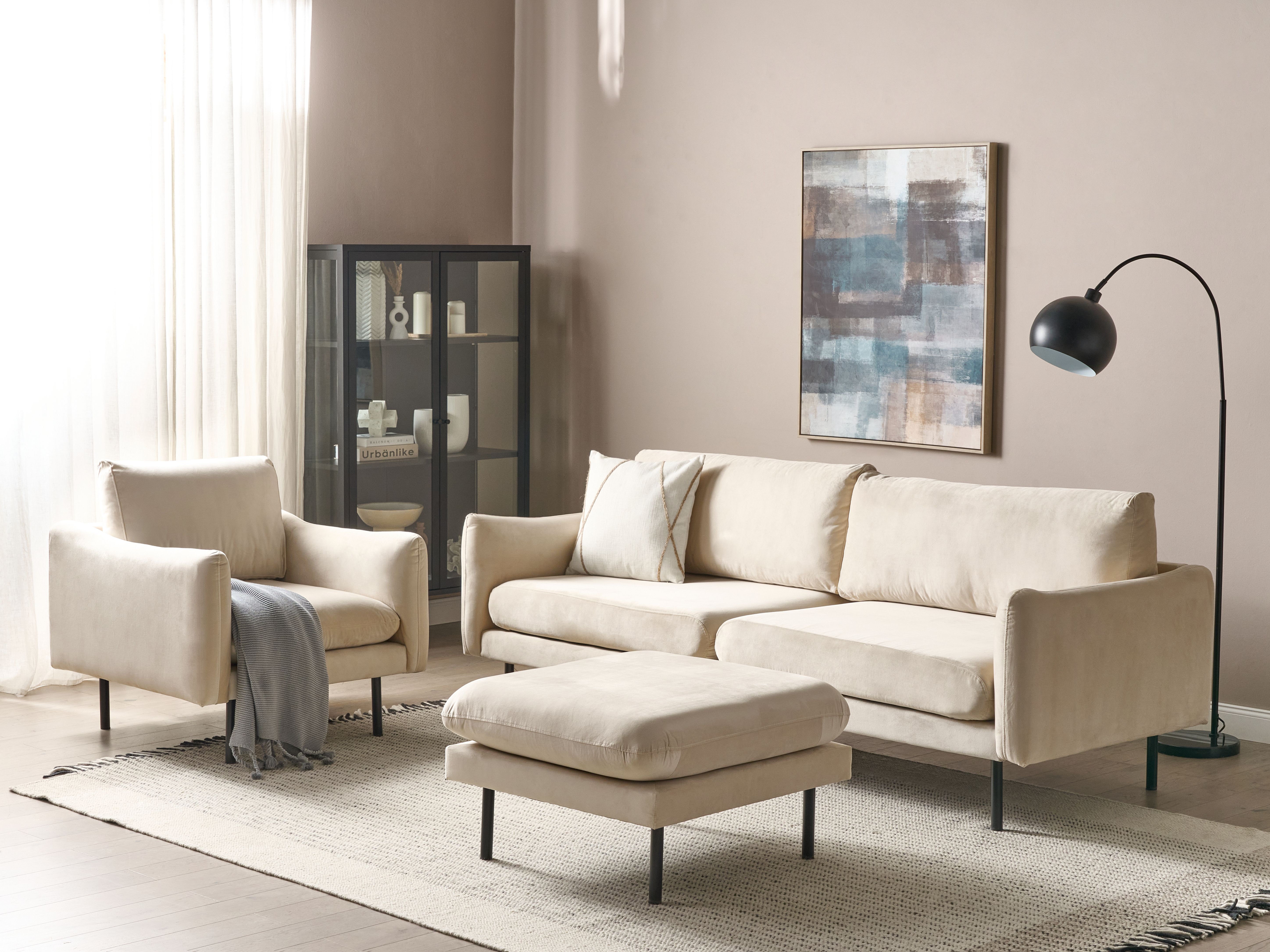 Living Room Set 5 Seater VINTERBRO Velvet Light Beige with Ottoman