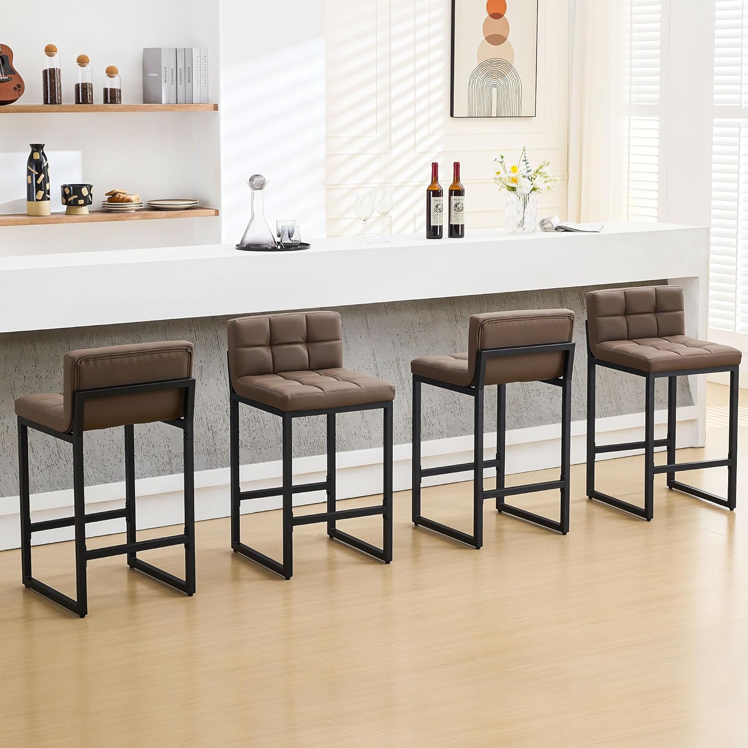 Counter Height Bar Stools Set of 4, Upholstered Barstools with Back, Bar Chairs with Thickened Metal Legs, PU Leather Counter Stools for Kitchen Island (Coffee Brown, 4Pcs 26