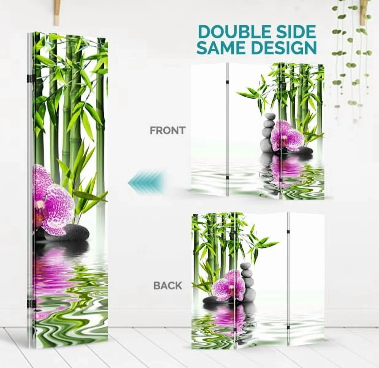 TOA 4 Panels Privacy Screen Room Divider Partition with Bamboo and Hotstones Canvas, Water Resistant for Living Room, Bathroom, Home Office or College Dorm, Wood Frame