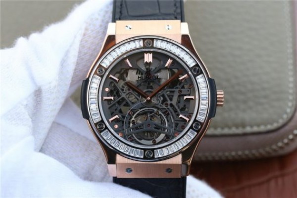 Replica Hublot Classic Fusion Tourbillon 42mm TF RG Skeleton Dial Black Gummy Strap A23J - Top club