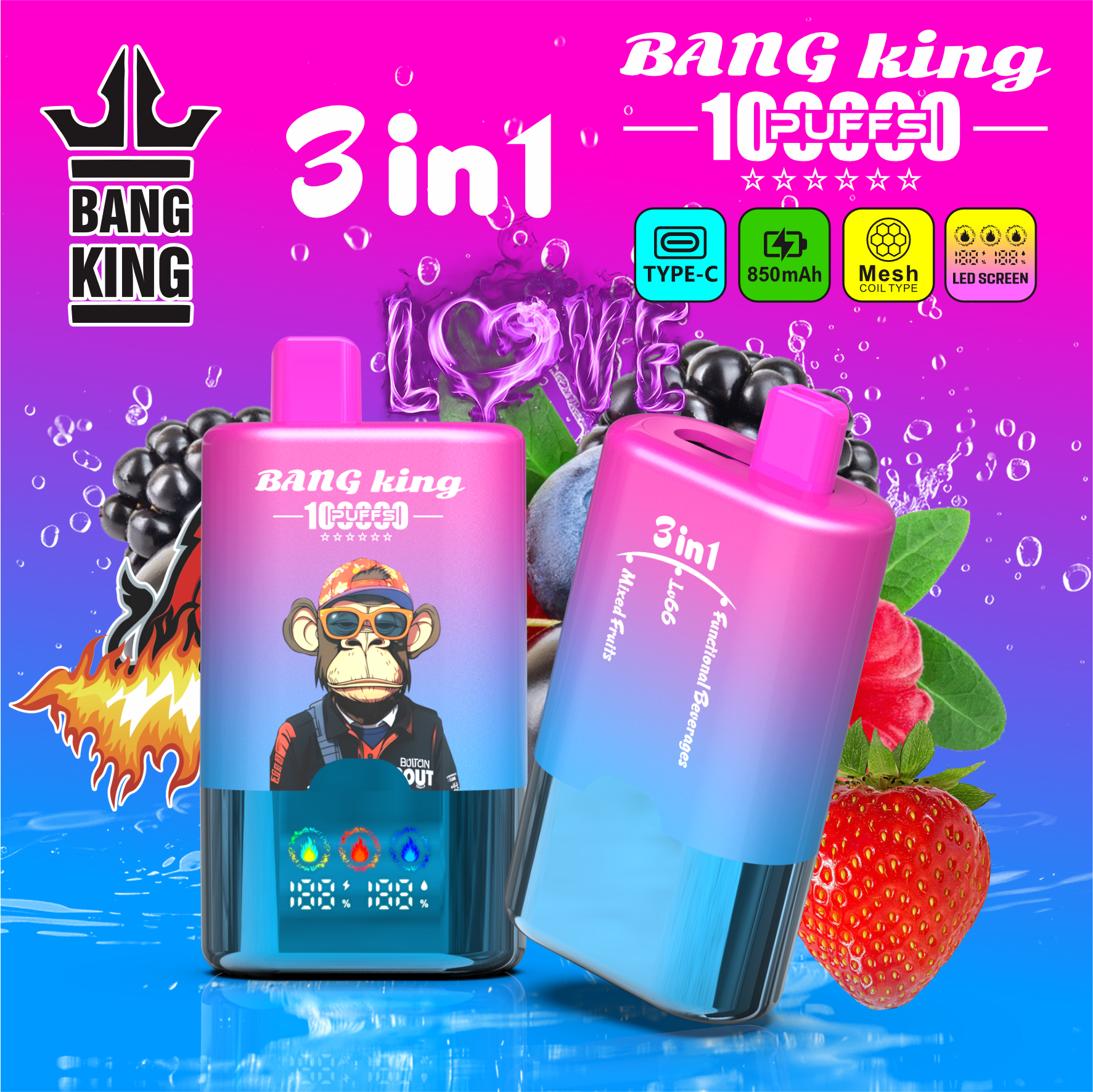 Bang King 100000 Puffs 3-in-1 Vape – LED Scree