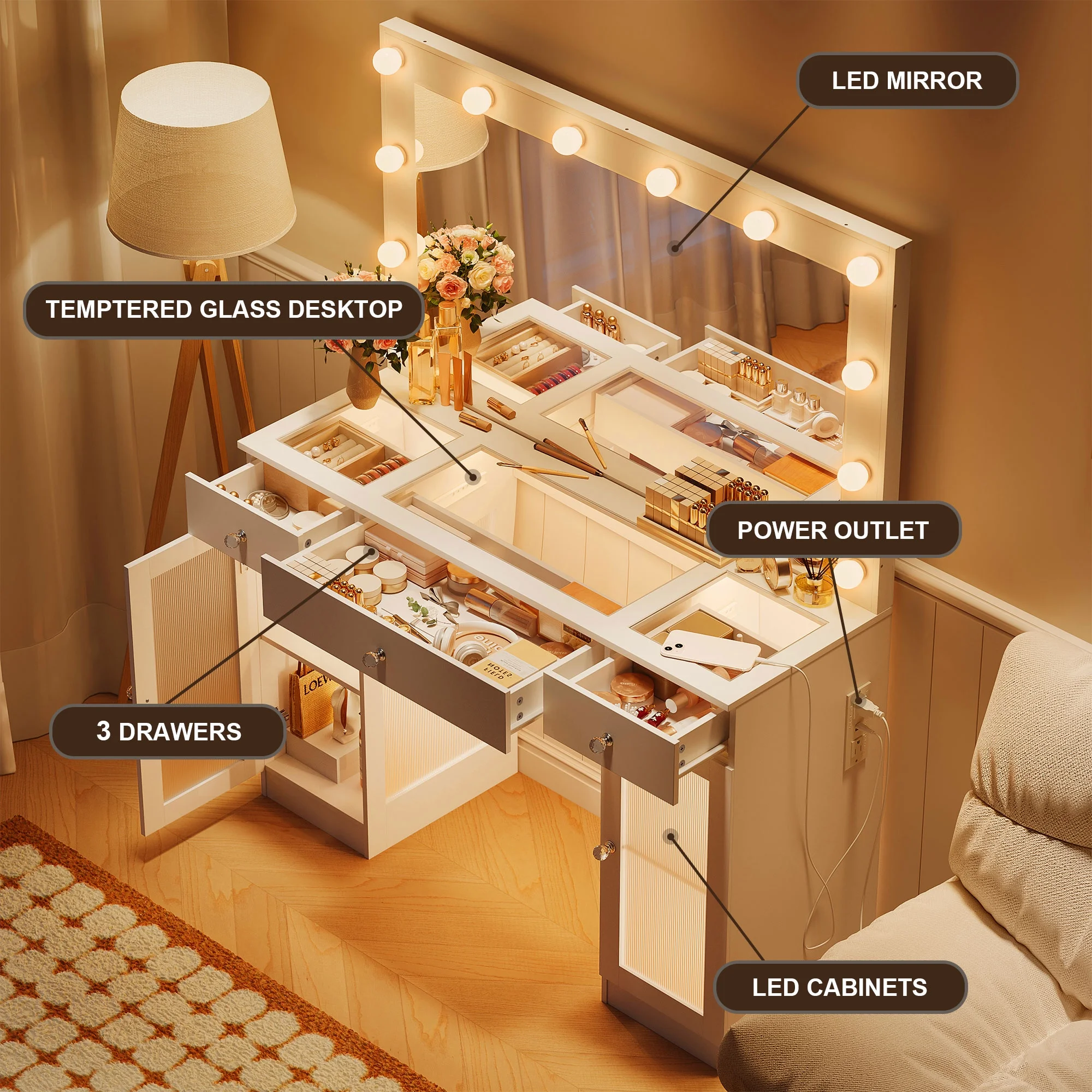 ABOVOBA Vanity Desk with Mirror and Lights,3 Drawers and Power Outlet Makeup Vanity for Women,White - Image 6
