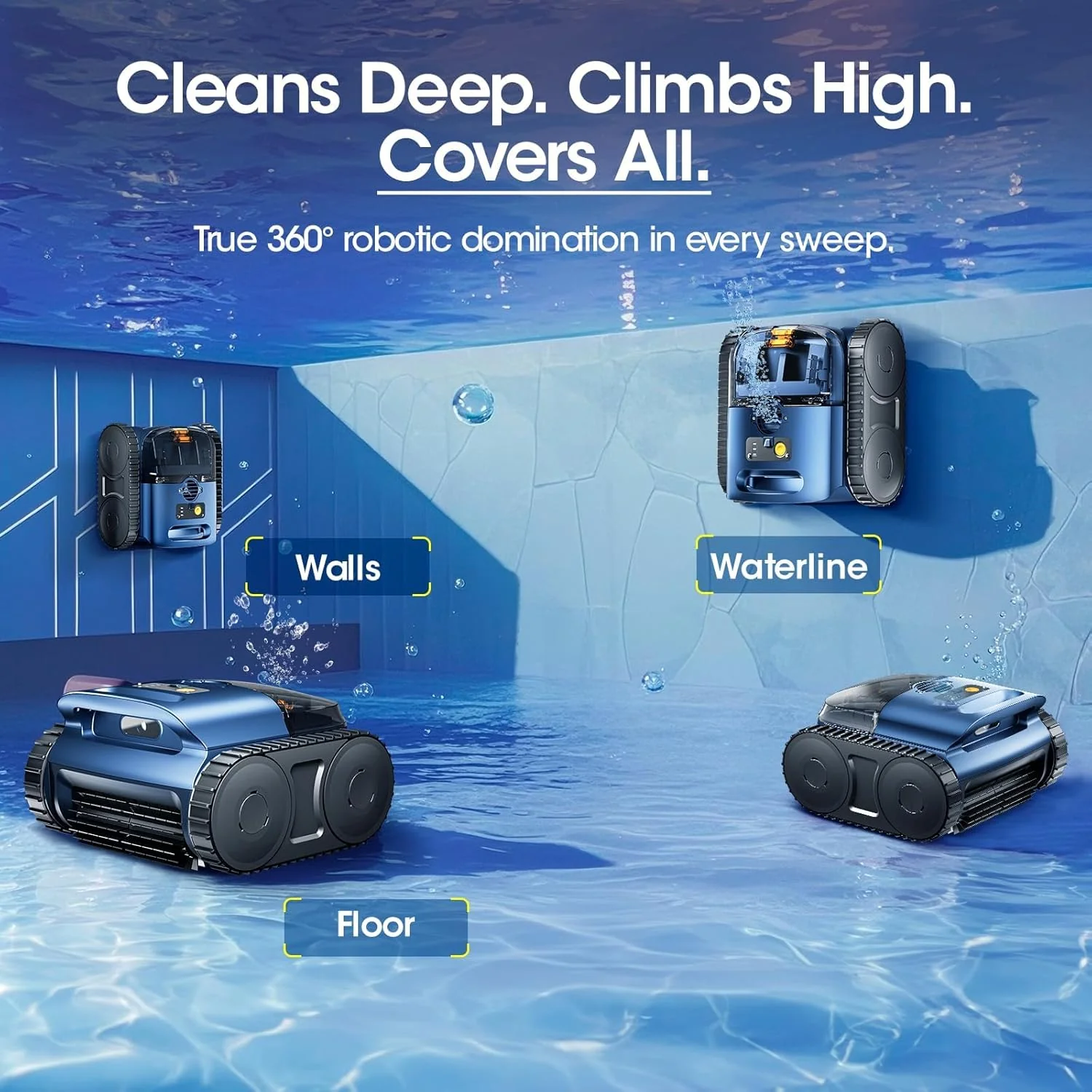Cordless Robotic Pool Vacuum Cleaner With Track Drive, Sonar Navigation, 180W Brushless Motor, 150-Min Runtime, Dark Blue - Image 4 Cordless Robotic Pool Vacuum Cleaner With Track Drive, Sonar Navigation, 180W Brushless Motor, 150-Min Runtime, Dark Blue - Image 4