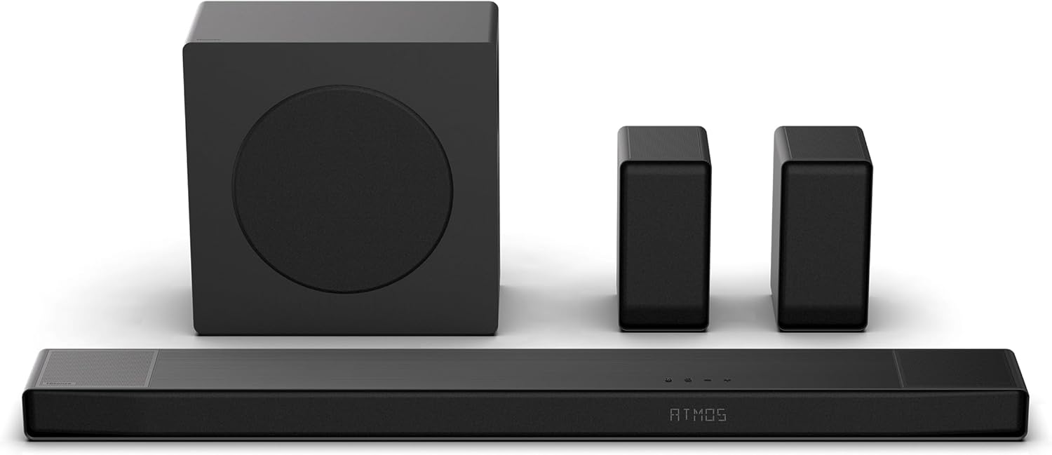 Hisense AX5140Q 5.1.4Ch Sound Bar with Wireless Subwoofer, Dolby Atmos, DTS:X, Bluetooth 5.3, Roku TV Ready, HDMI/AUX/ARC/Optical/USB, EzPlay, 7 EQ Modes, Hi Concerto, Room Calibration
