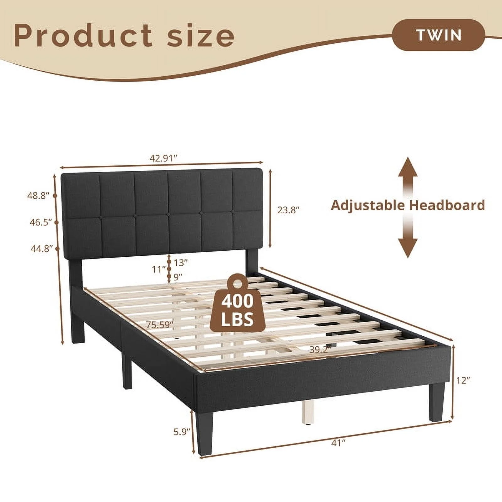 TINKLE WELL Twin Size Platform Bed Frame with Adjustable Headboard, 6