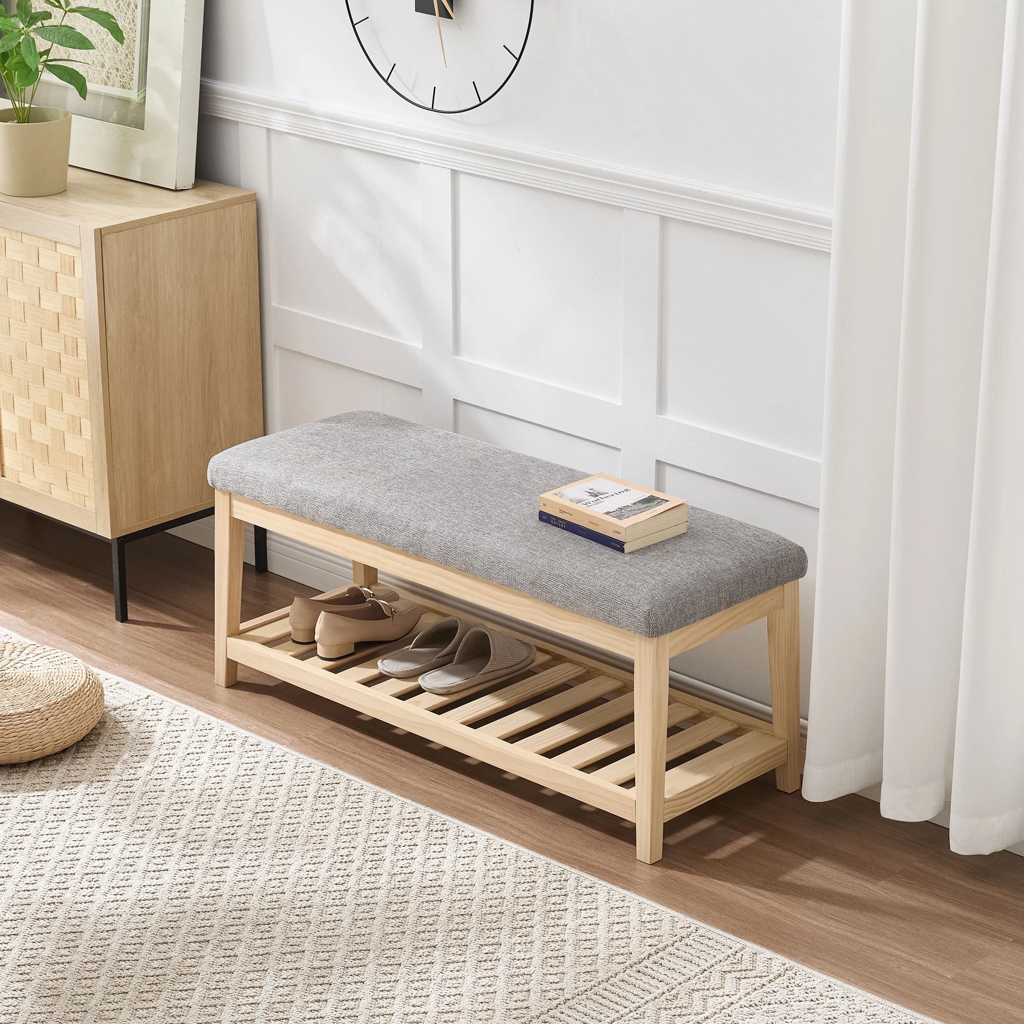 Zesthouse 42.9�?Shoe Bench with Storage, Entryway Bench for Living Room, Bedroom and Hallway, Linen Fabric Upholstered Bench with Solid Wood Shelf, Gray - Image 8