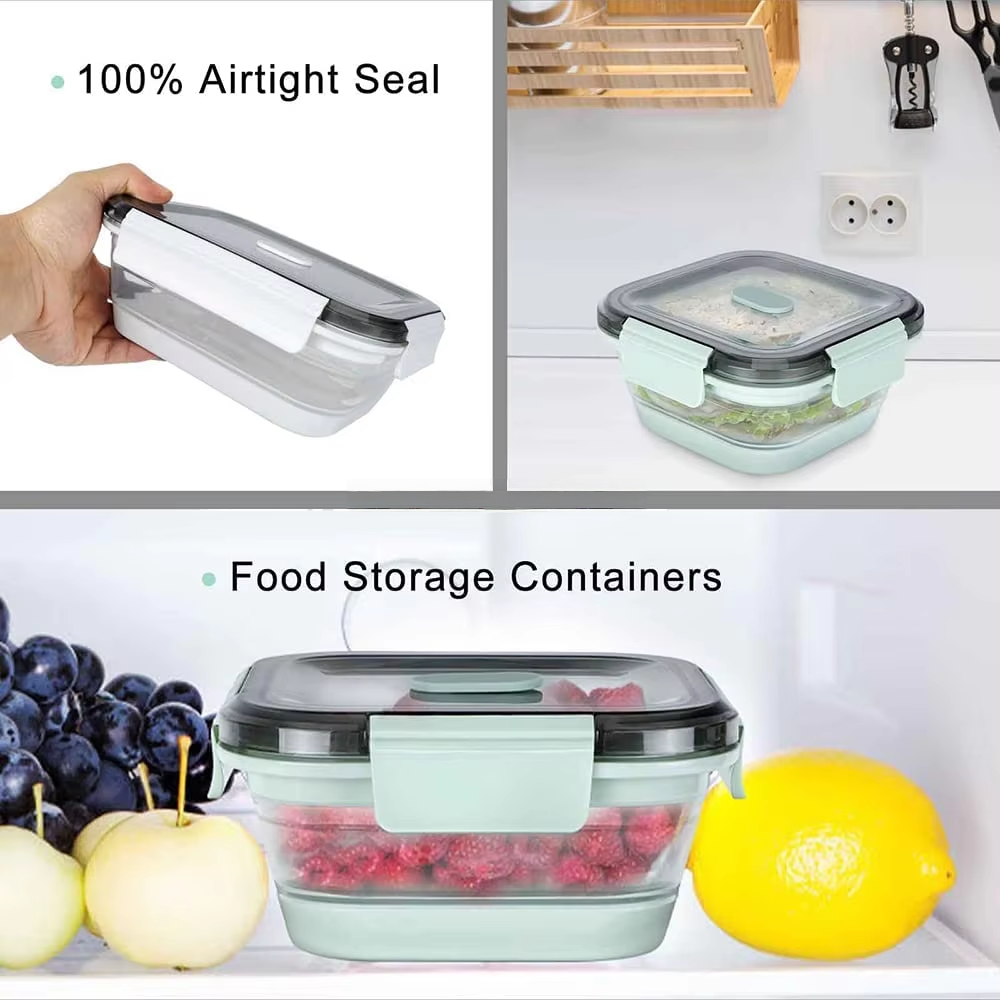 BPA Free Food Grade Silicone Square Lunch Box with Plastic Lid Leak-proof Folding Dual Tier 1200ML Food Container Heatable