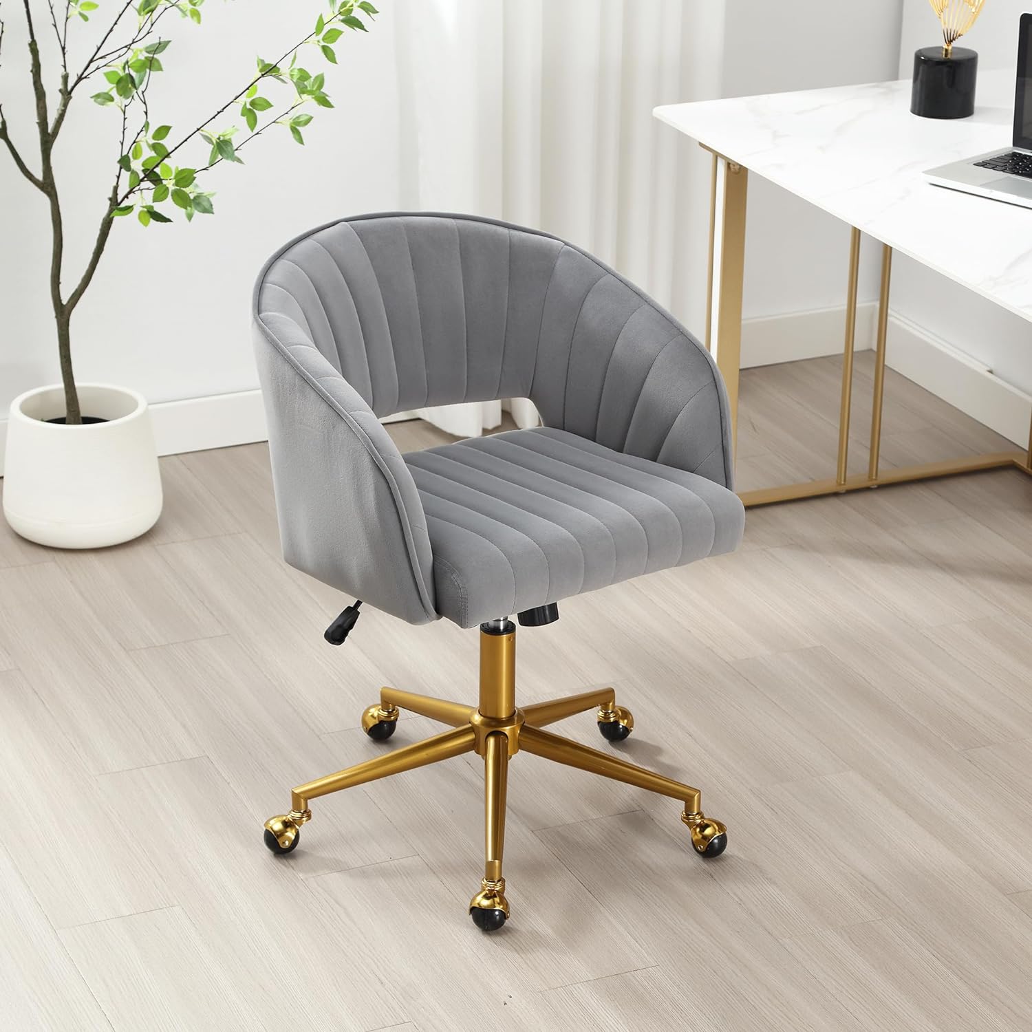 Home Office Swivel Desk Chair, Modern Velvet Vanity Chair, Height Adjustable Armchair with Gold Base, Ergonomic Office Chair for Task Study Computer Room, Beige - Image 15
