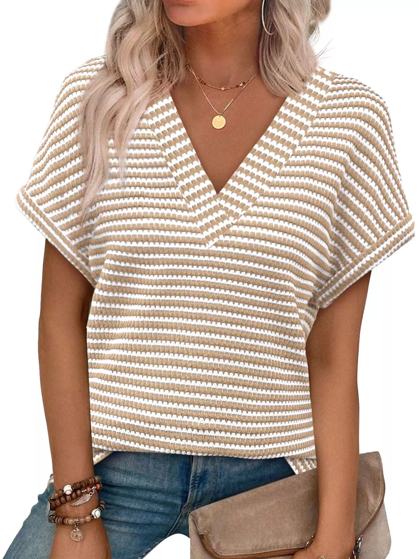 Striped V-Neck Relaxed Fit T-Shirt - ZKZOOK