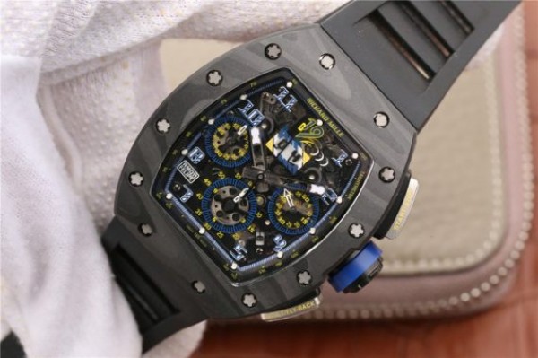Replica Richard Mille RM011 SS Felipe Massa 10th Anniversary KVF Crystal Skeleton Dial Blue Black Rubber Strap A7750 - Elite Watch Atelier