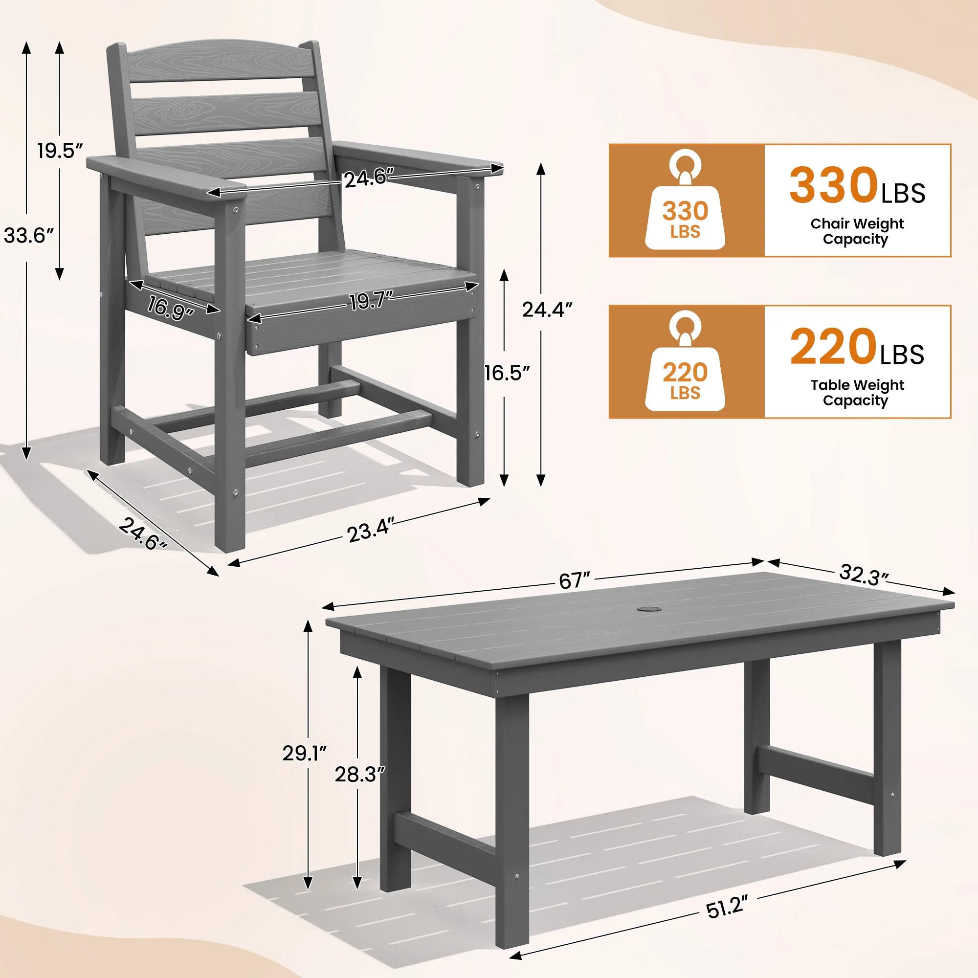 KINGYES 7-Piece Outdoor Dining Set, HDPE Patio Table and Chairs with Umbrella Hole, Gray - Image 13