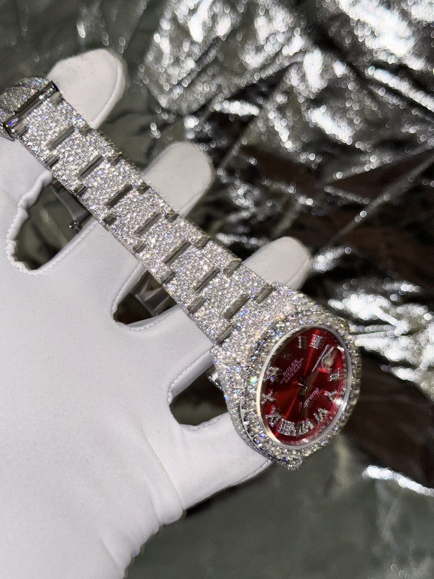 Rolex Best Replica Watch DateJust Supreme Custom Moissanite Diamonds Red Dial 41mm - Elite Watch Atelier