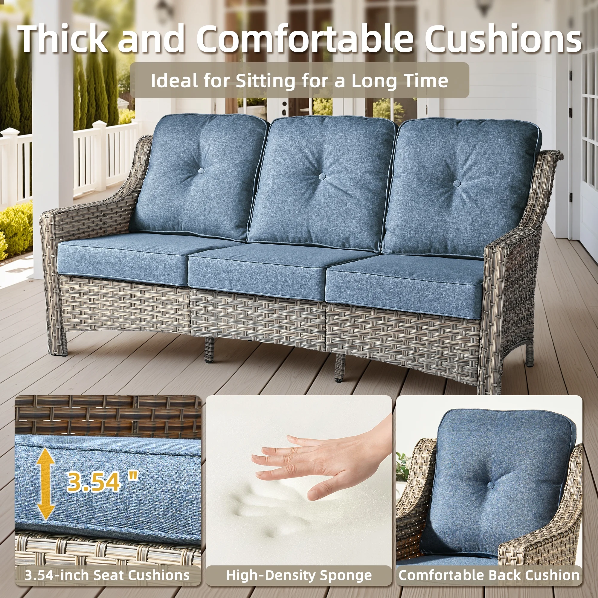 Ovios 5 Pieces Outdoor Patio Furniture Set High-Back Rattan Wicker Conversation Set Outdoor Sectional with Swivel Chairs & Solar Light Coffee Table, Denim Blue