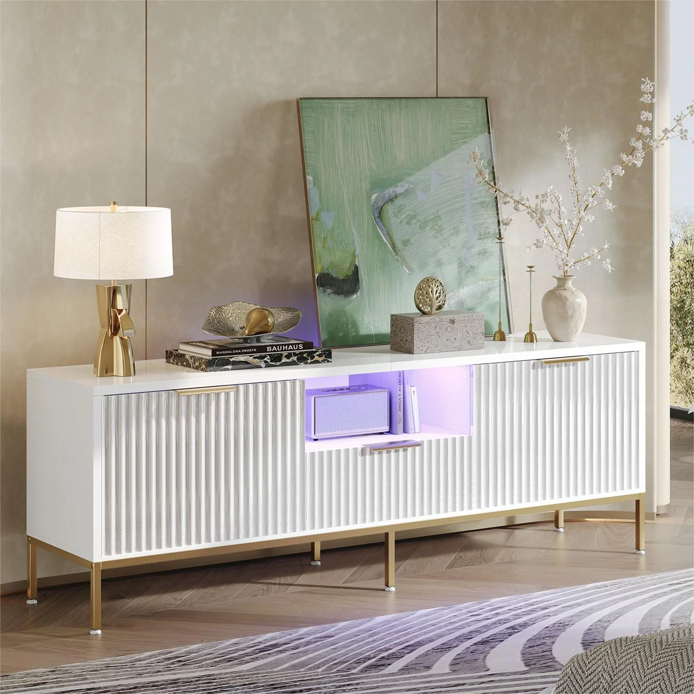 Bestier 55" LED TV Stand for TVs up to 60" Modern High Gloss Entertainment Center with Drawers Cabinets Fluted TV Console, White & Gold - Image 2